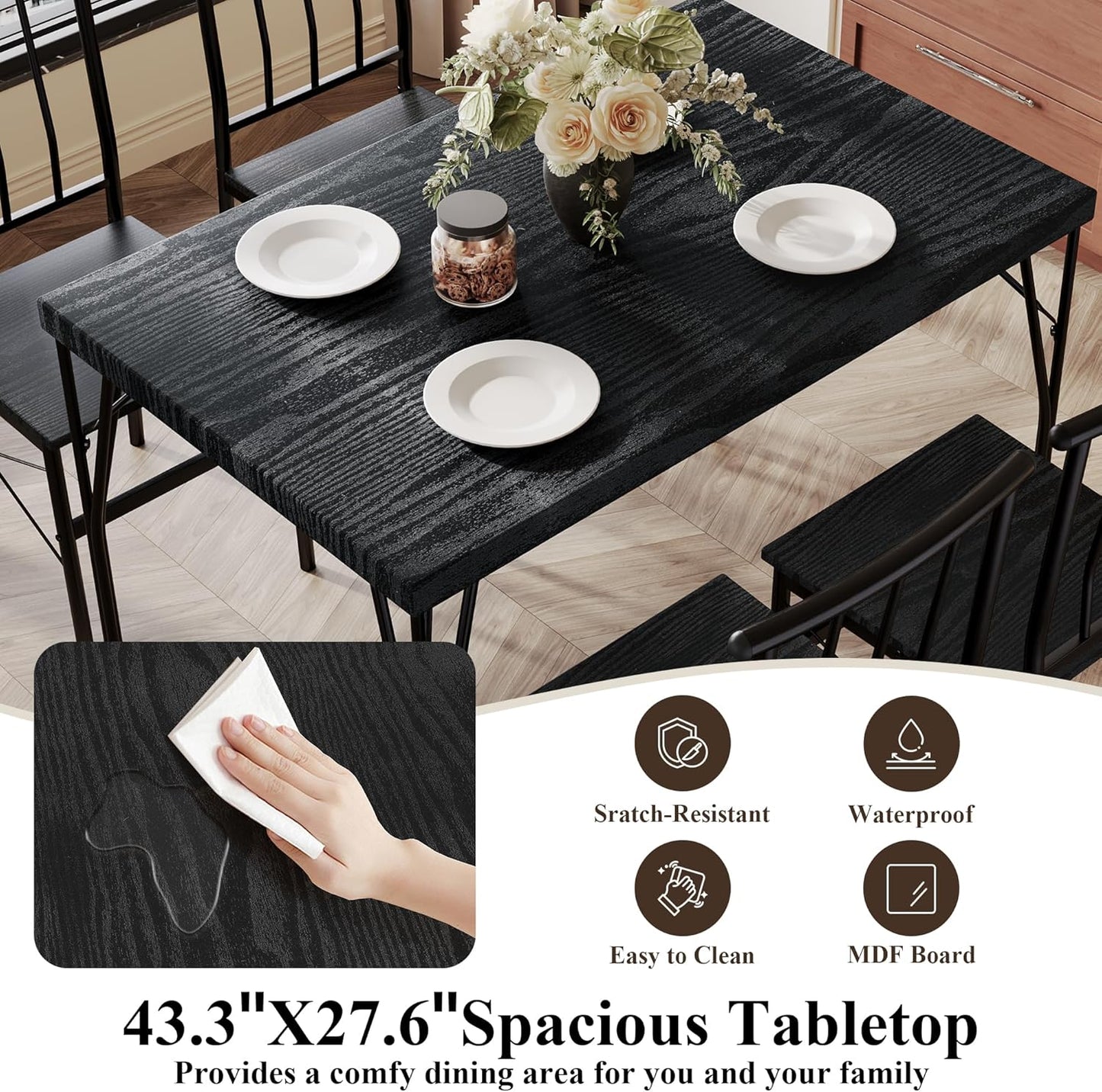 5 Piece Dining Table Set with 1.6" Thick Desktop, Modern Metal&Wood Kitchen Dinner Table with 4 Chairs, Dining Room Table Sets for Small Spaces, Black