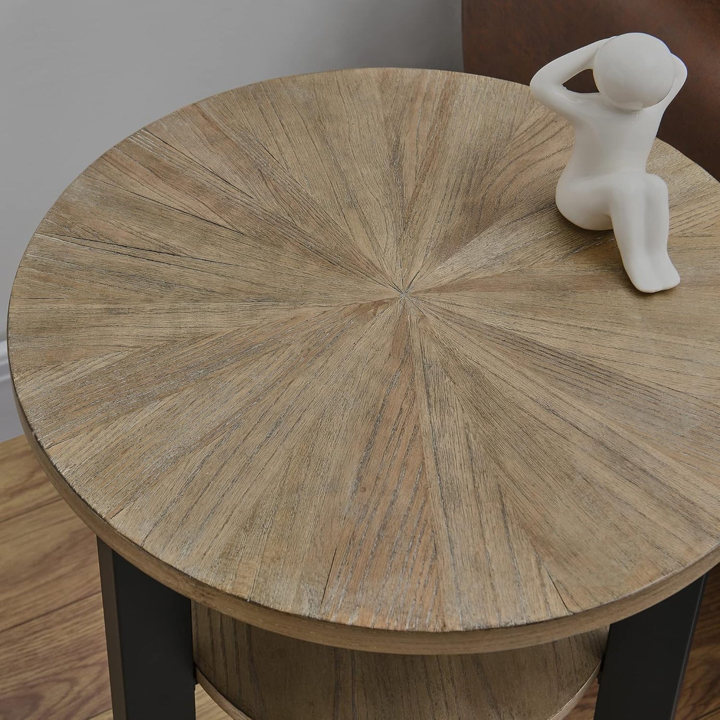 MODERION Round End Table with Storage - Solid Wood & Metal Frame - Corner & Beside Table - Easy Assembly - Living Room, Office & Entryway - Rustic Natural Finish