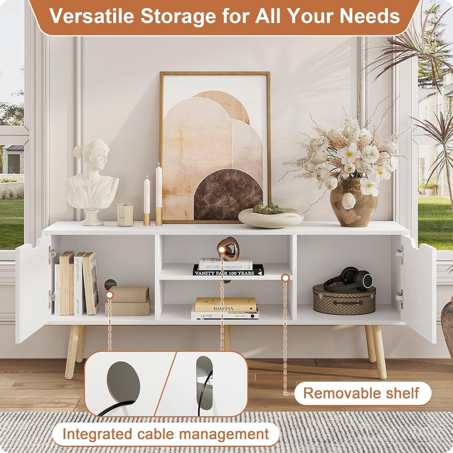 ALINE FURNITURE White TV Stand with Storage - Media Console Cabinet for 50 55 60 Inch TVs - Entertainment Center - Wood TV Stands for Living Room