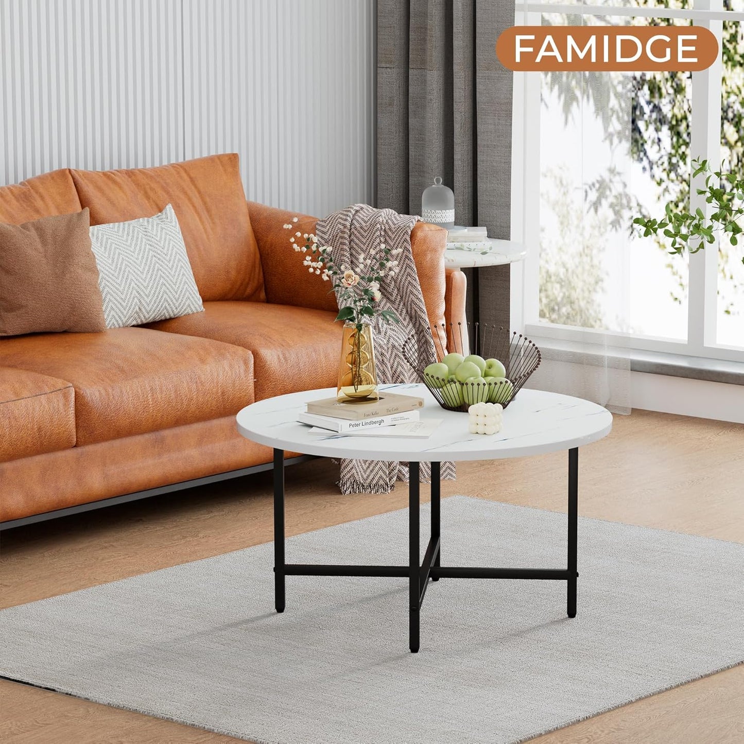 Coffee Table, 23.6" Coffee Tables for Living Room, Round Coffee Table with Metal Frame, Floor Table for Sitting on The Floor, Home, Office, White