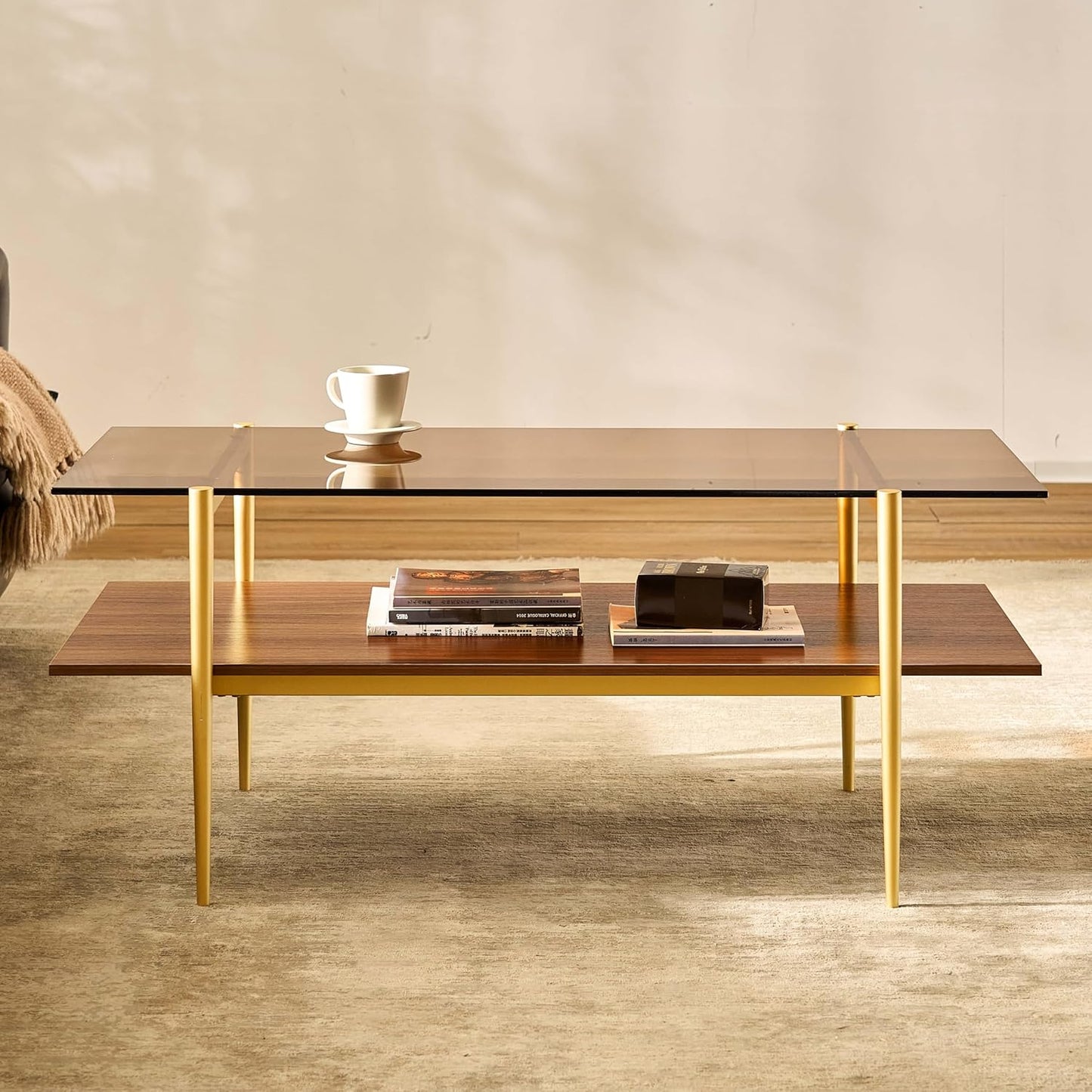 AGV LIGHTING Tadio Glass Coffee Table, Mid-Century Modern Coffee Table for Living Room, Gold Finish Leg, Coffee Brown Glass Top & Walnut Shelf, 41 in Length