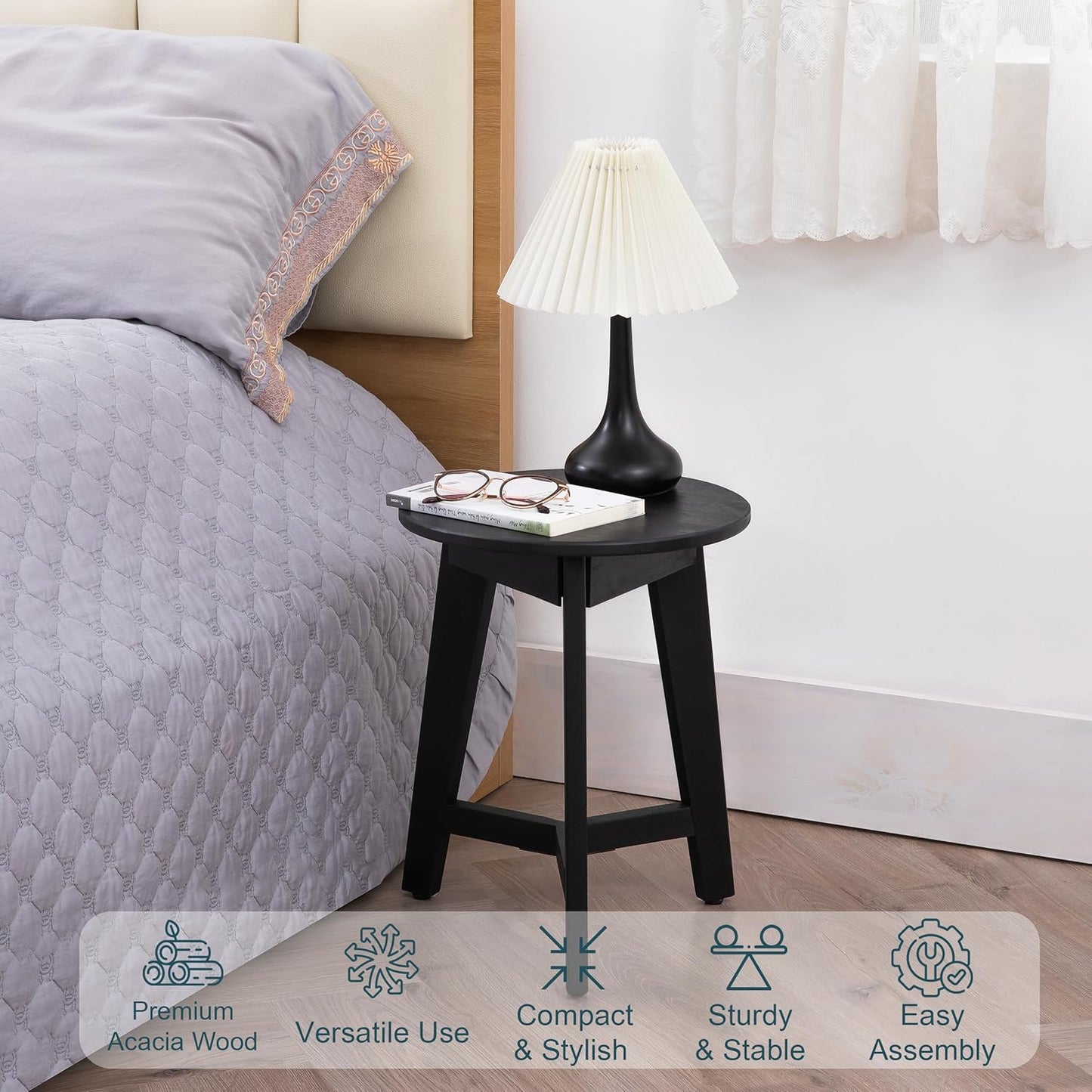 Round Side Table – Solid Acacia Wood End Table for Living Room or Bedroom – Black Wood Finish, Compact Nightstand or Accent Table for Sofas & Beds (13 x 16 x 13 Inches)