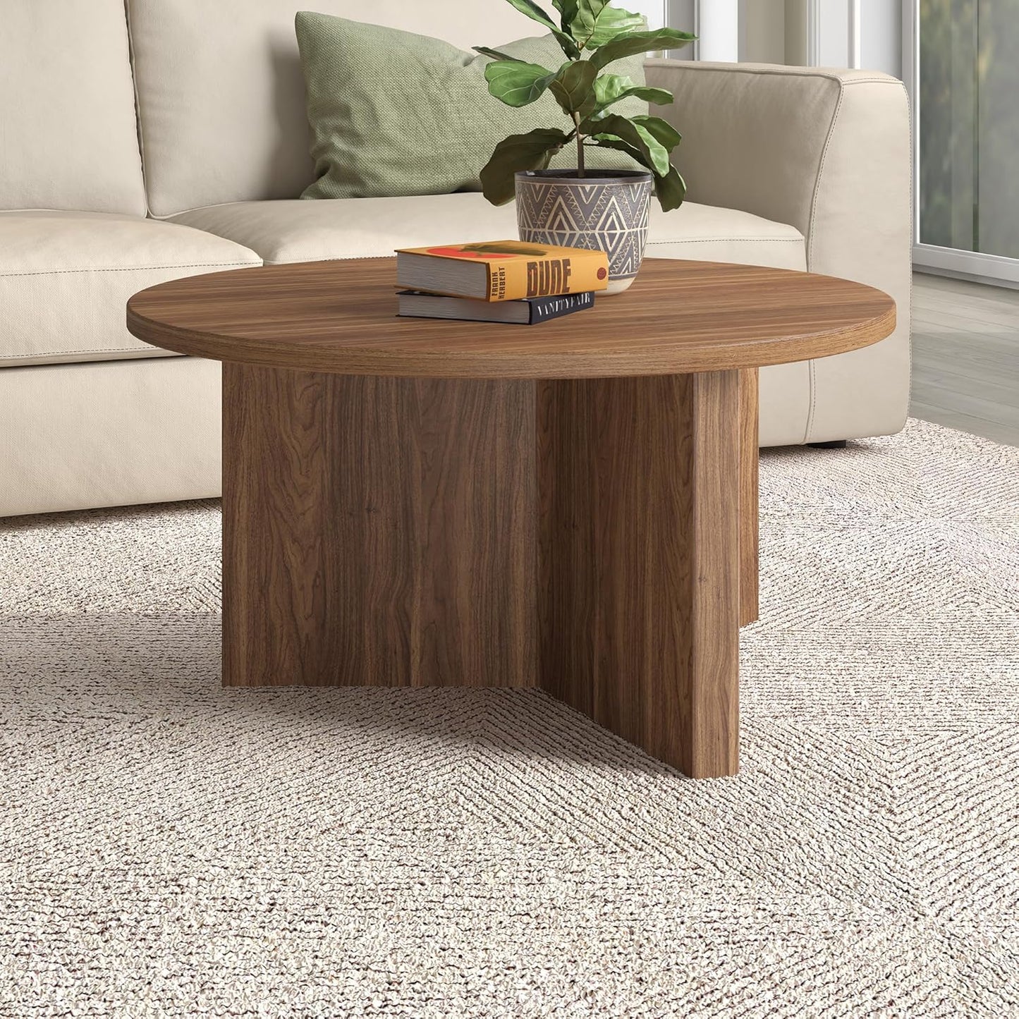Henn&Hart 32" Round Wood Pedestal Coffee Table for Living Room, Family Room, Office, or Apartment, Satin Walnut