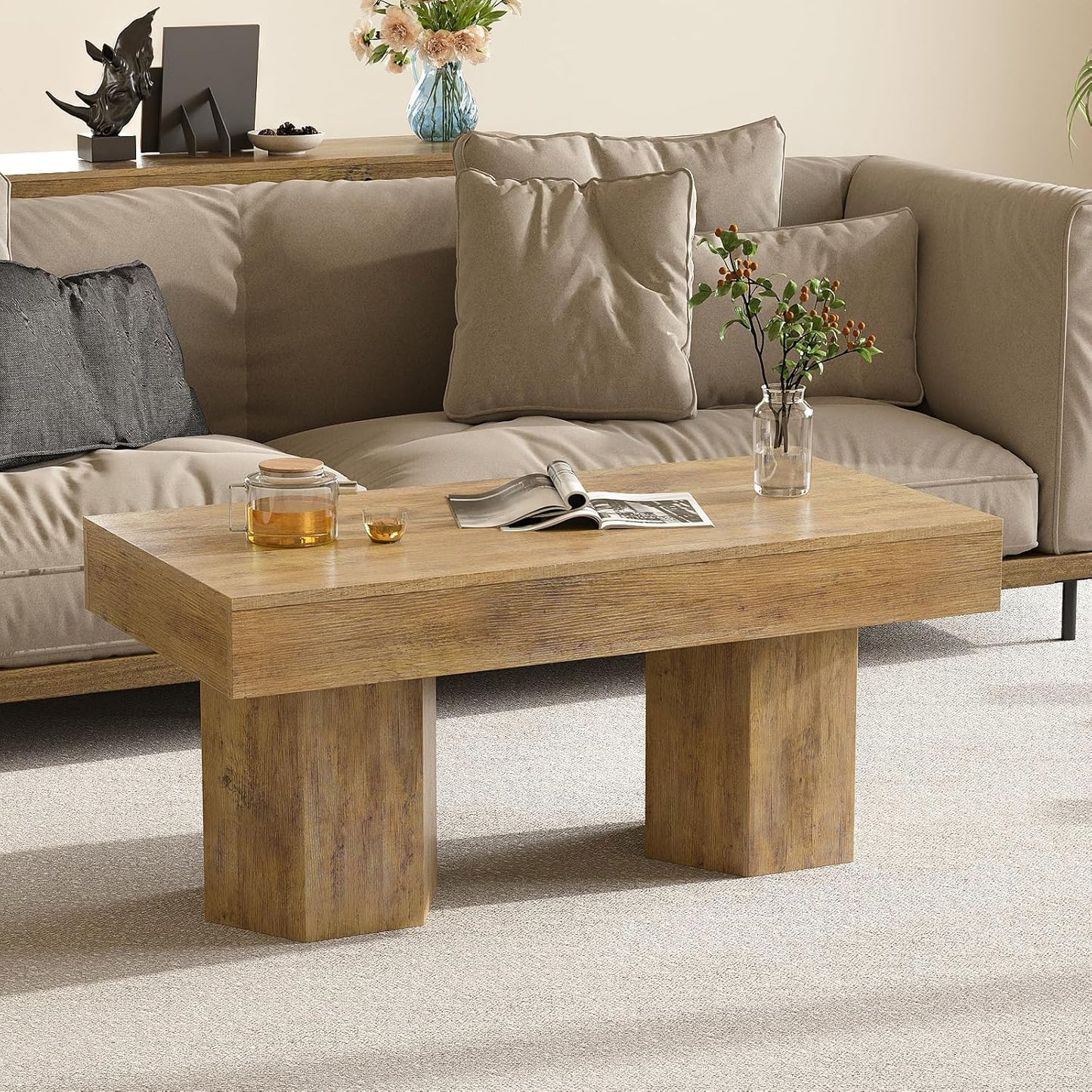 GiftGo Coffee Table Mid Century Modern Center Living Room Table Farmhouse Wooden Rectangle Cocktail Tea Table for Office (Light Brown, L-39.37)