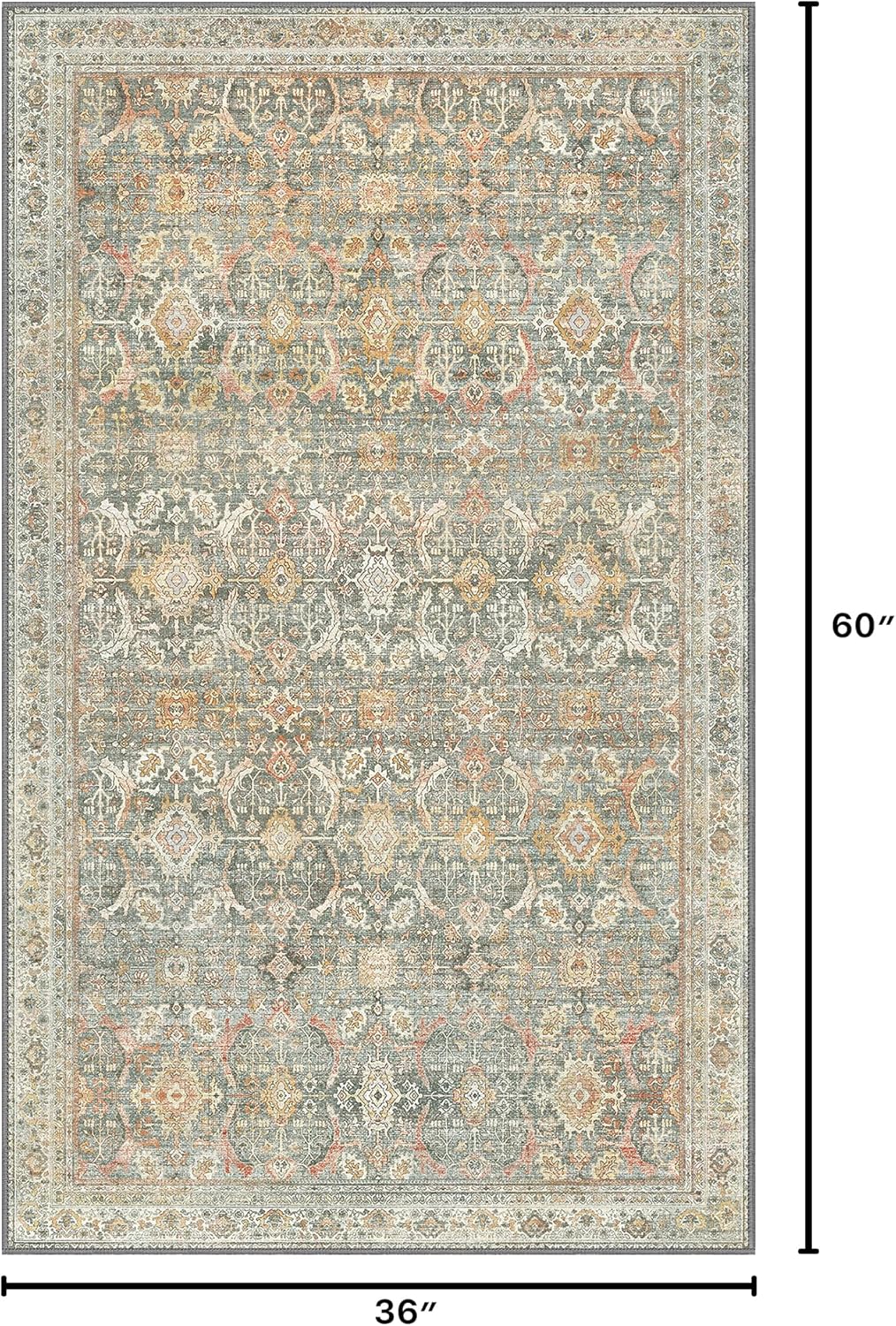 3X5 Area Rugs Machine Washable Rugs for Living Room, Vintage Boho Large Rugs for Bedroom Dining Room, Non Slip Indoor Soft Distressed Lightweight Thin Low Pile Carpet, Turmeric