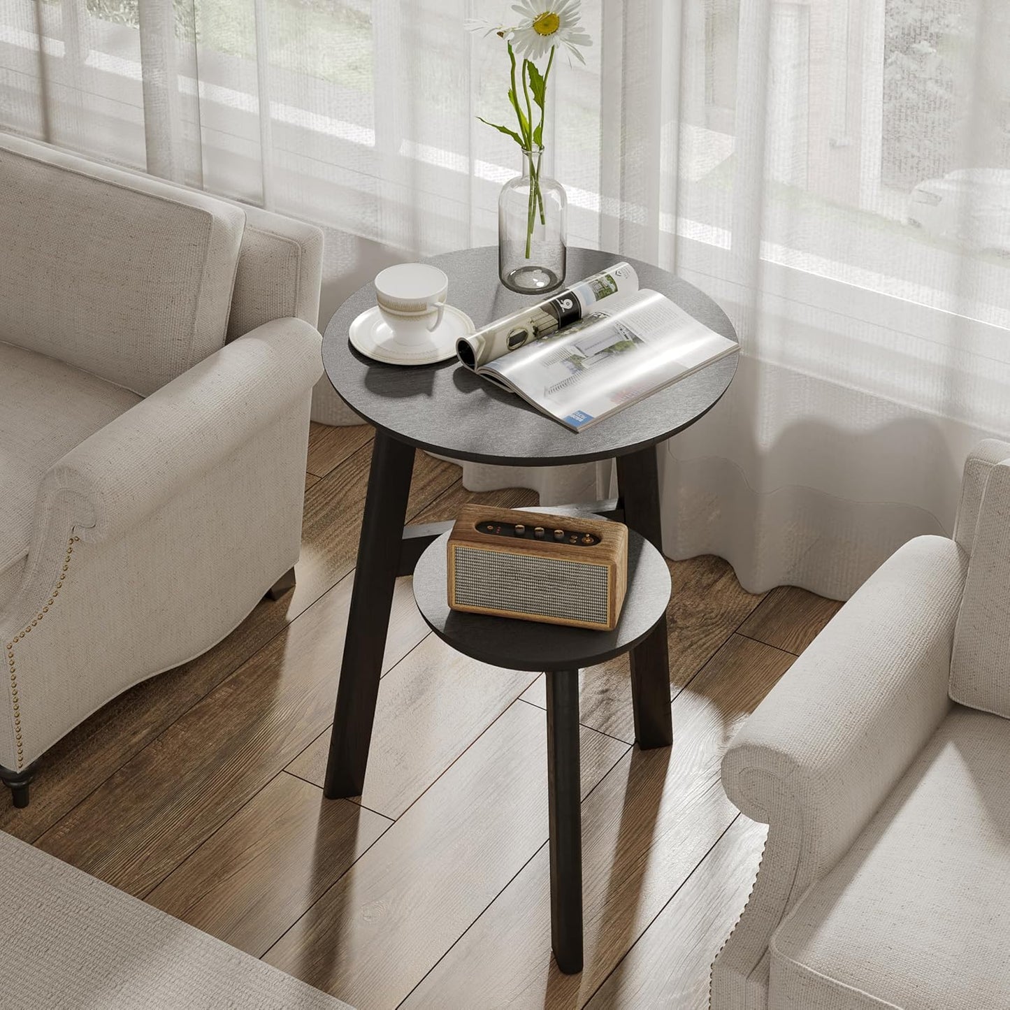 ChooChoo Round End Table for Small Spaces, Narrow Side Table, Accent Table Night Stand with 2 Tier Shelf for Bedroom and Living Room, Black