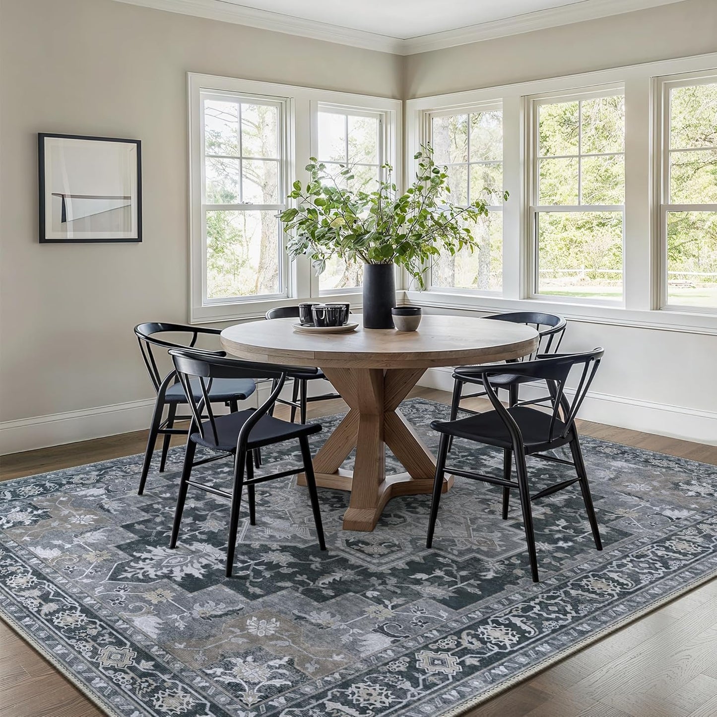 GENIMO 10x12 Area Rugs for Living Room, Machine Washable Non Slip Vintage Rugs, Low Pile Lightweight Chenille Print Rug for Bedroom, Dining Room, Home Office,Dark Gray