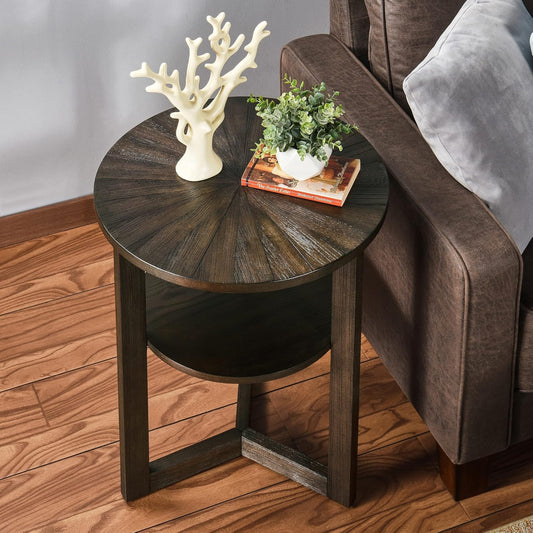 Small Round End Table, Rustic Side Table with Storage shelf, Classic Circular Solid Wood Beside Table, 2-tier Telephone Table, Easy Assembly for Living Room 24”H x 19.3”D Brushed Black BZ3338BK
