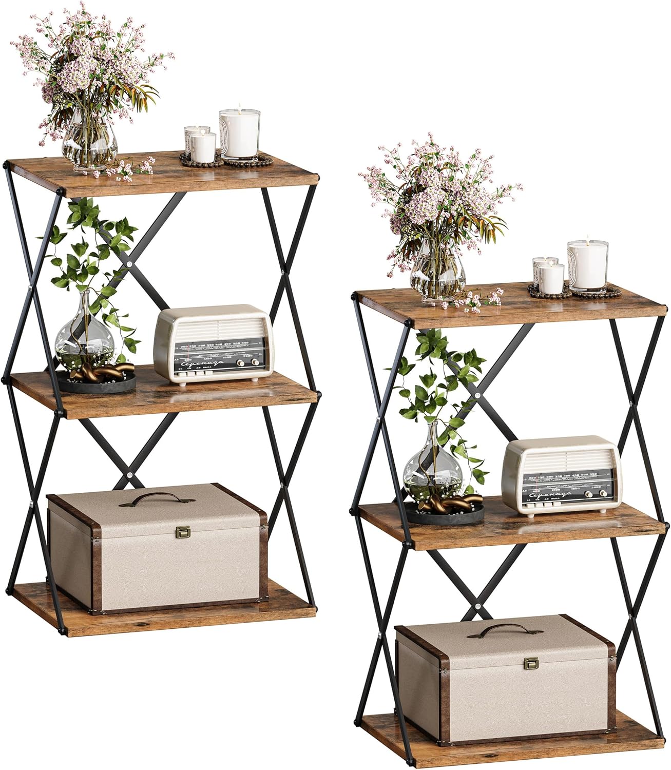 3-Tier End Table Set of 2 Small Side Table Tall Bedside Night Stand with Storage Sofa Side desks for Living Room Bedroom Office Bathroom Small Space Rustic Brown ET-03RB-2