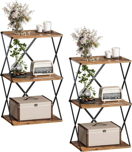 3-Tier End Table Set of 2 Small Side Table Tall Bedside Night Stand with Storage Sofa Side desks for Living Room Bedroom Office Bathroom Small Space Rustic Brown ET-03RB-2