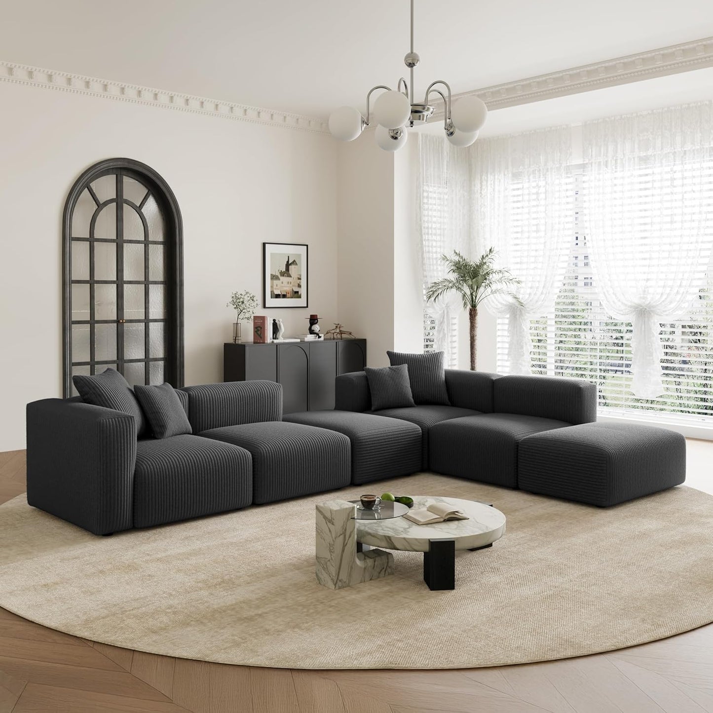 Acanva Convertible Modular Sectional Sofa with Movable Ottomans, Free Combination Corduroy Couch for Living Room Apartments, U-Shaped, Black