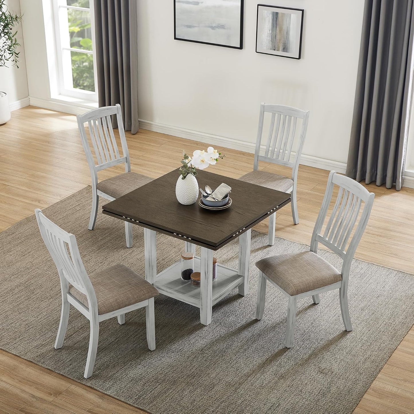 Ball & Cast 5 Pieces Dining Table Set with 4 Chairs and 51" Round Folding Dining Table,Kitchen Table and Chairs for 4 W/Trestle Table Base,for Small Space,Apartment,Dining Room,Brown White