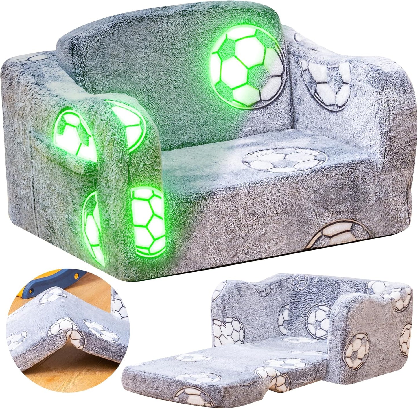 Lamerge 2-in-1 Toddler Couch,Glow in The Dark Baby Floor Bed,Foldable Toddler Chair Kids Sofa for playroom,Convertible Sofa to Lounger for Girls and Boys (Grey and Football)