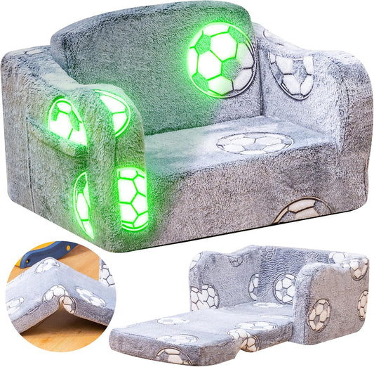 Lamerge 2-in-1 Toddler Couch,Glow in The Dark Baby Floor Bed,Foldable Toddler Chair Kids Sofa for playroom,Convertible Sofa to Lounger for Girls and Boys (Grey and Football)