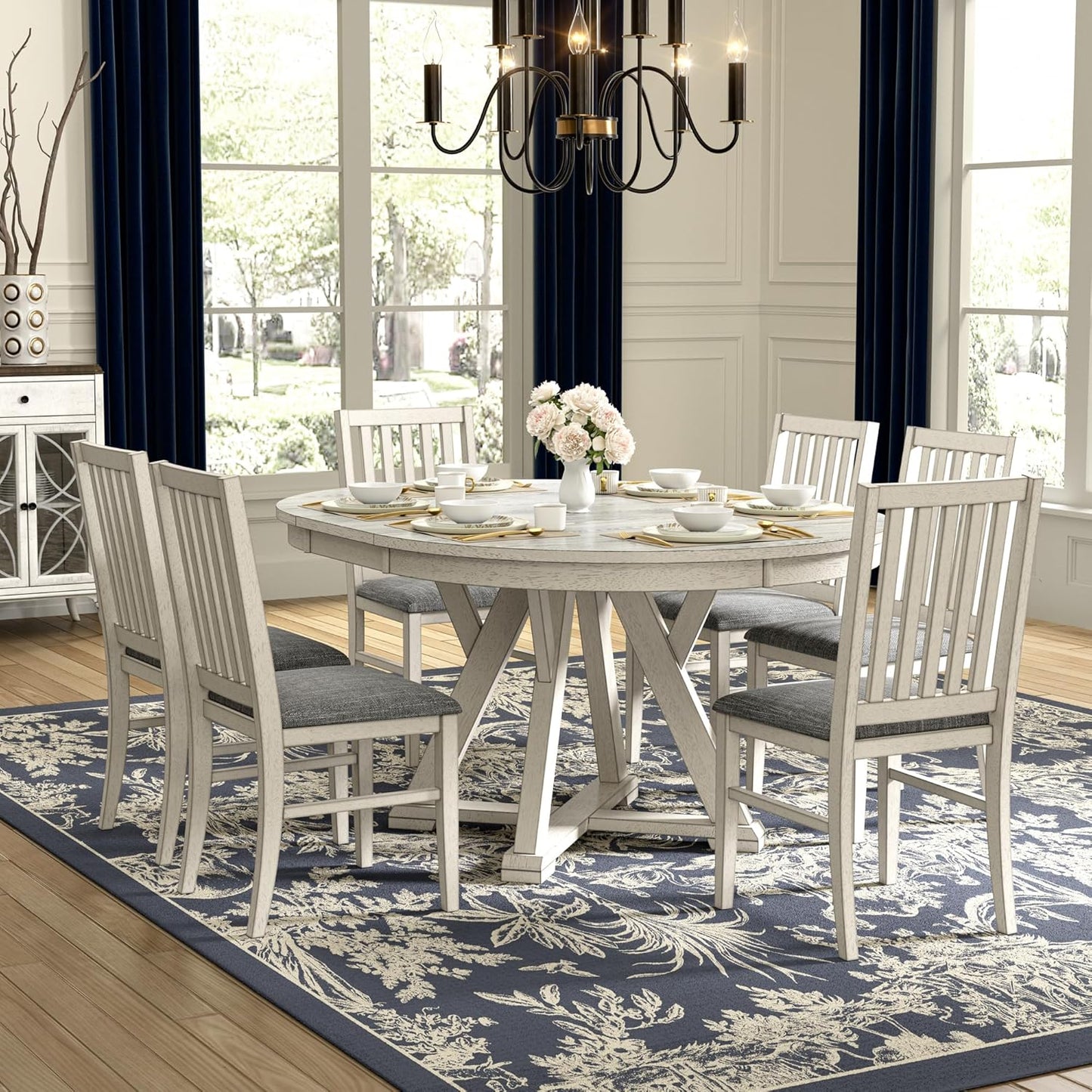 6-Piece Solid Wood Dining Table Set for 6, Modern Breakfast Dinette Kitchen Table with Chairs for Dining Room, Kitchen, Grey