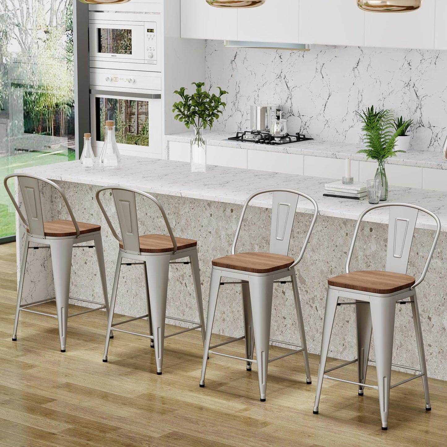 Changjie Furniture 30 Inches Metal Barstools Set of 4 Counter Height Bar Stools Industrial Stools with Backs High Back Chairs for Kitchen Island (30 Inch, Silver)