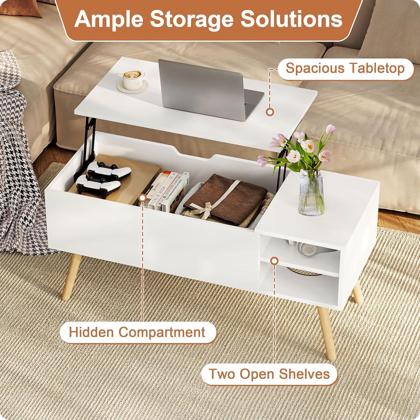 ALINE FURNITURE White Coffee Table Lift Top - Coffee Table with Solid Wood Legs, Hidden Storage Compartment & Open Shelves - 40" Lift Up Coffee Tables for Living Room