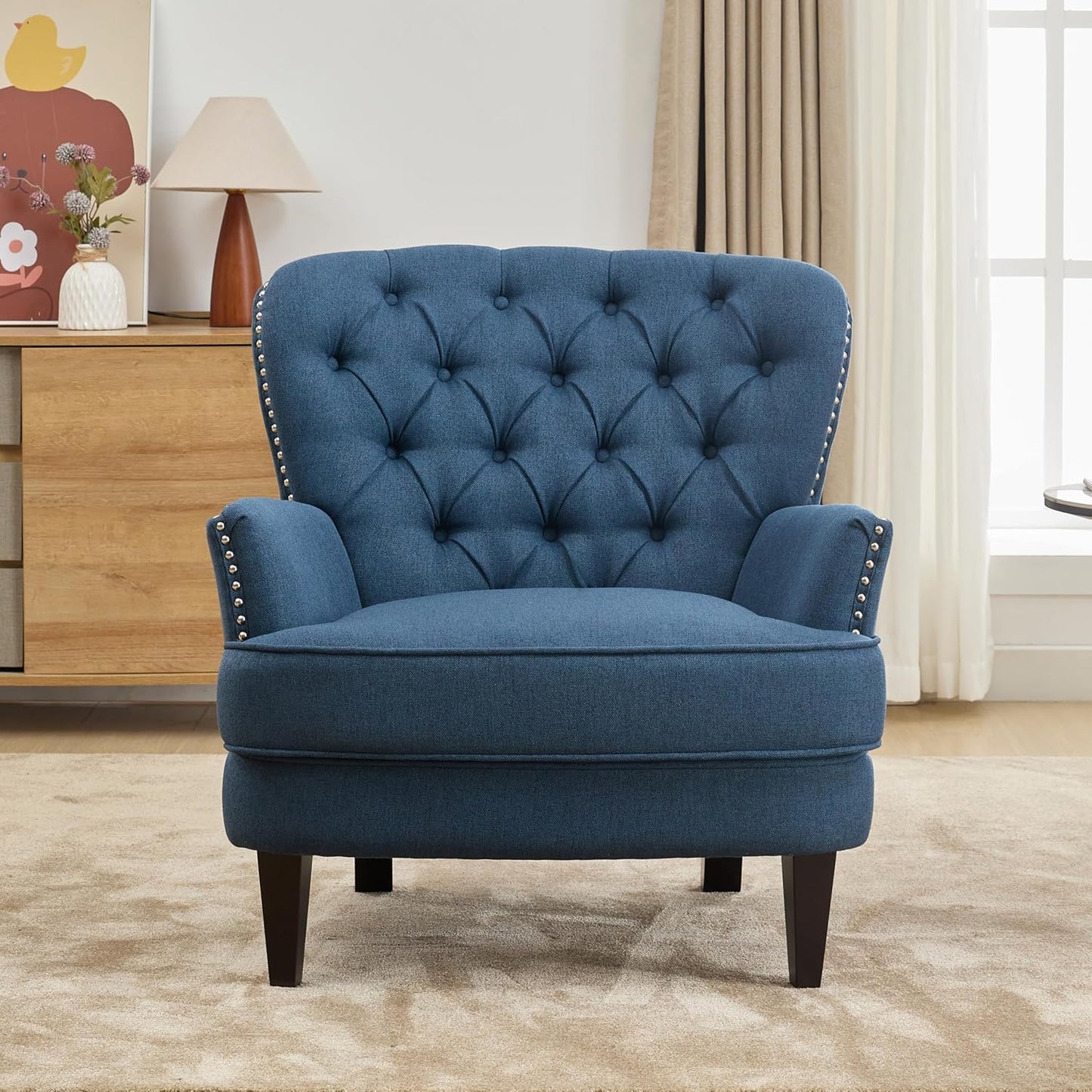 Ball & Cast Accent Chair,Mid-Century Lounge Living Room Chairs with Button Tufting,Upholstered Reading Accent Chair W/Solid Wood Legs and Curved Backrest,for Bedroom,Apartment,Navy Blue