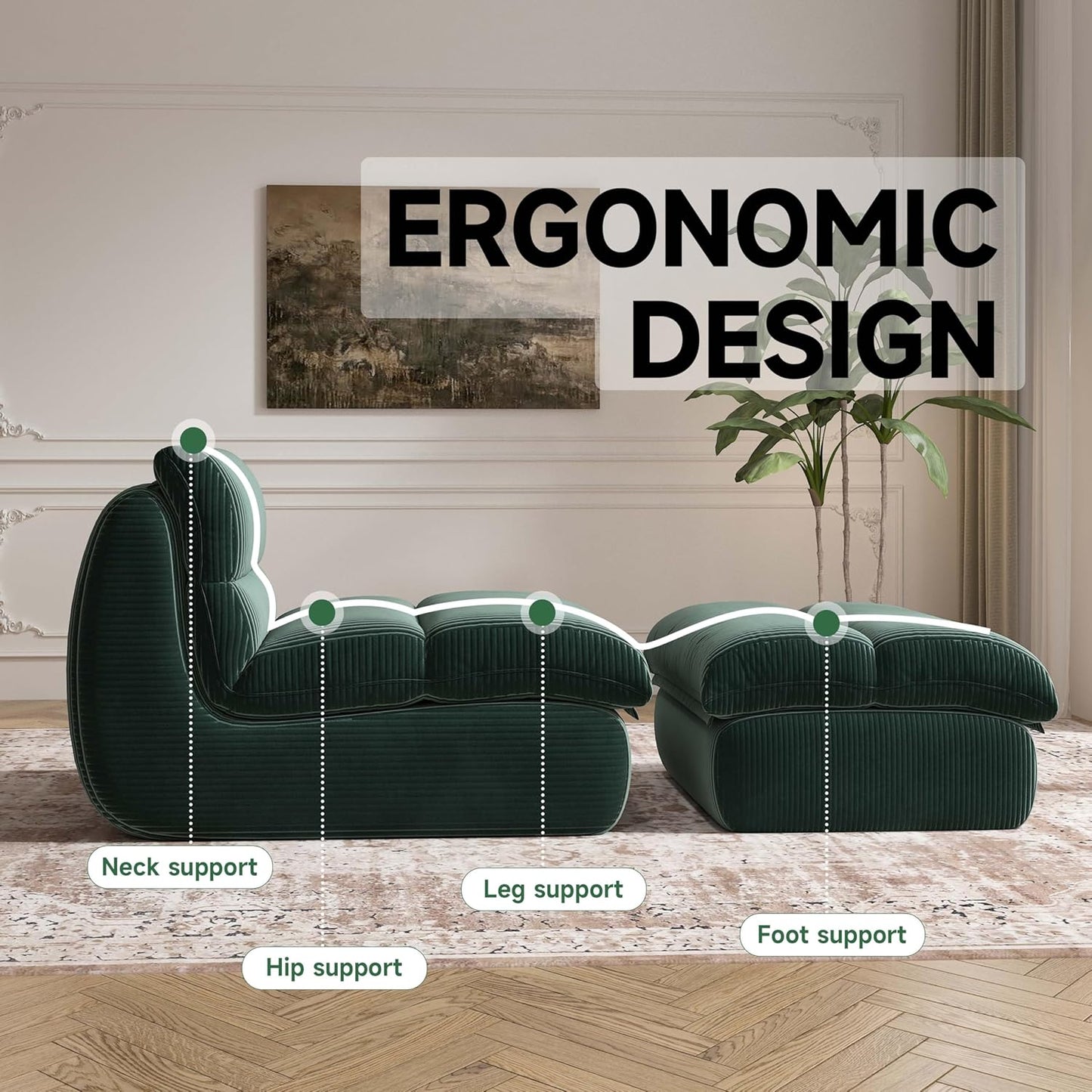 Bean Bag Chair with Ottoman, Cozy Comfy Reading Nook Chairs, Ultra Soft Corduroy Fabric Bean Bag Chairs for Adults, Reading Chair with Ottoman for Living Room, Bedroom Apartment (Green)