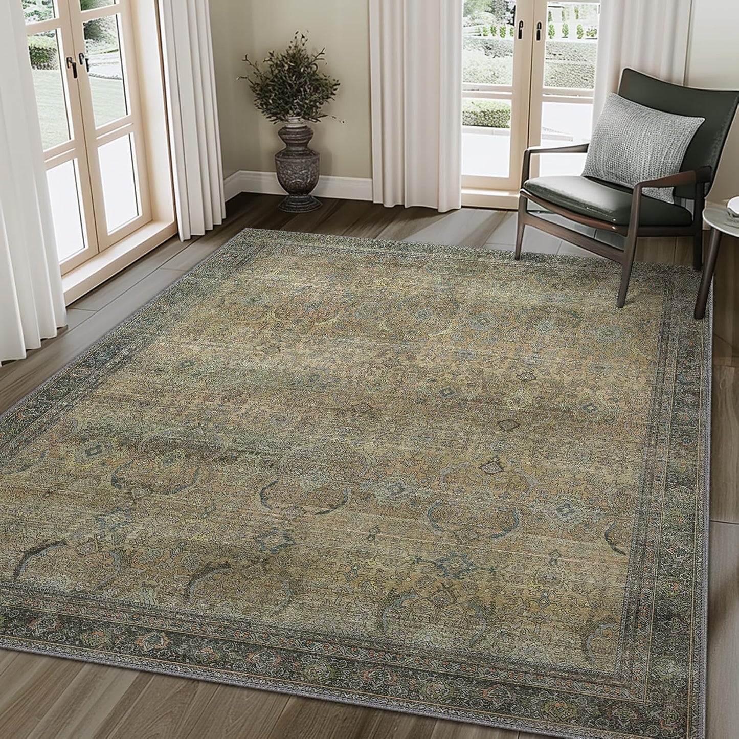 9X12 Area Rugs Machine Washable Rugs for Living Room, Vintage Boho Large Rugs for Bedroom Dining Room, Non Slip Indoor Soft Distressed Lightweight Thin Low Pile Carpet, Vintage Sunset