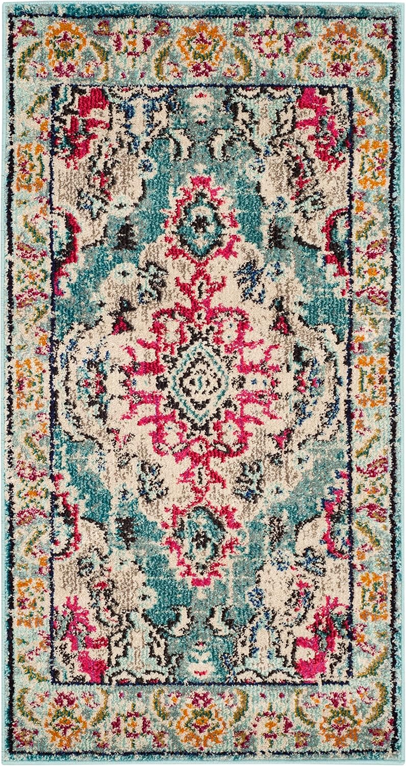 SAFAVIEH Monaco Collection Accent Rug - 2'2" x 4', Light Blue & Fuchsia, Medallion Distressed Design, Non-Shedding & Easy Care, Ideal for High Traffic Areas in Entryway, Living Room, Bedroom (MNC243J)