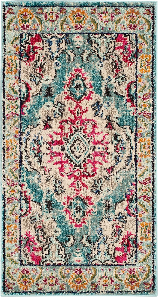 SAFAVIEH Monaco Collection Accent Rug - 2'2" x 4', Light Blue & Fuchsia, Medallion Distressed Design, Non-Shedding & Easy Care, Ideal for High Traffic Areas in Entryway, Living Room, Bedroom (MNC243J)