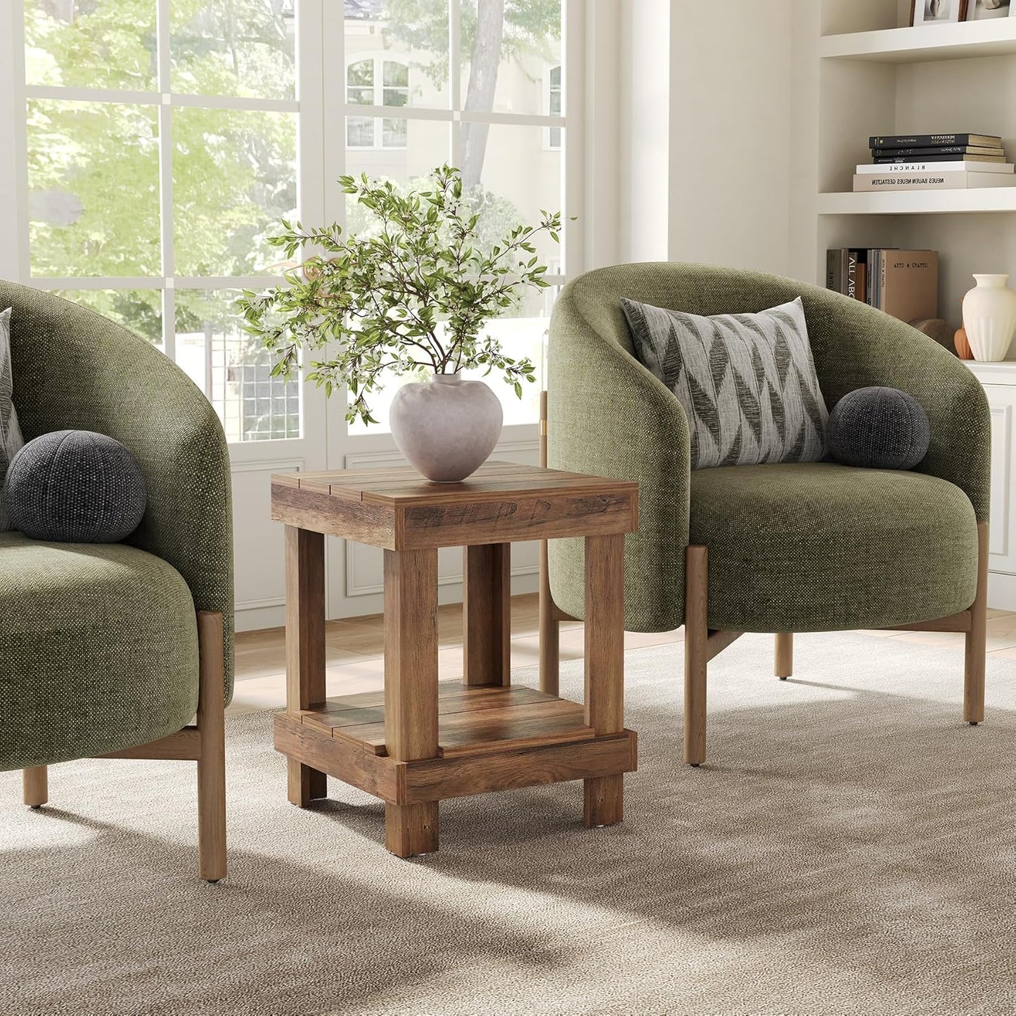 LITTLE TREE 2-Tier End Table, All Wooden Square Side Table with 2 Storage Shelves, Farmhouse Chairside Table Side End Table for Living Room, Small Bedside Table Nightstand for Bedroom, Natural Color