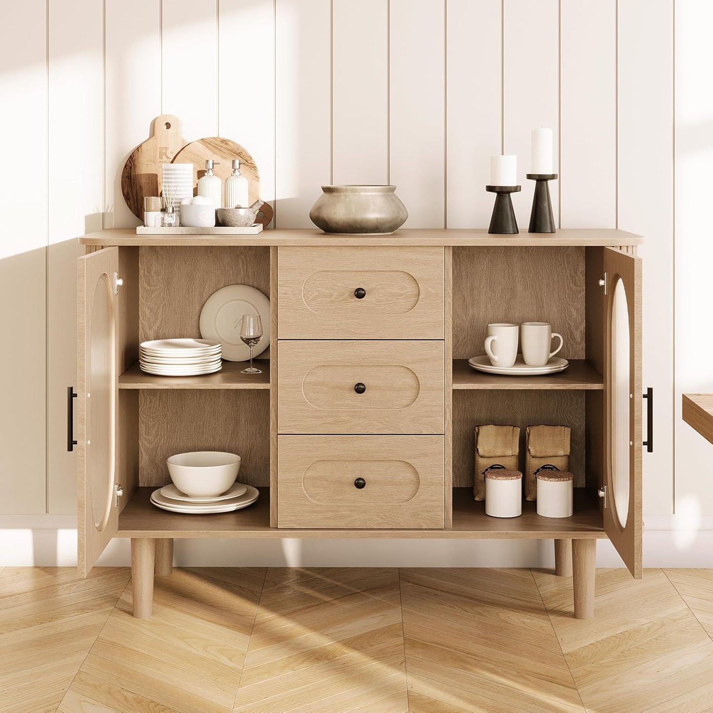 GarveeHome 47.2" Sideboard Buffet Cabinet with 2 Fluted Glass Doors & 3 Drawers, Modern Farmhouse Accent Coffee Bar with Adjustable Shelves for Kitchen, Living Room, Hallway, Natural