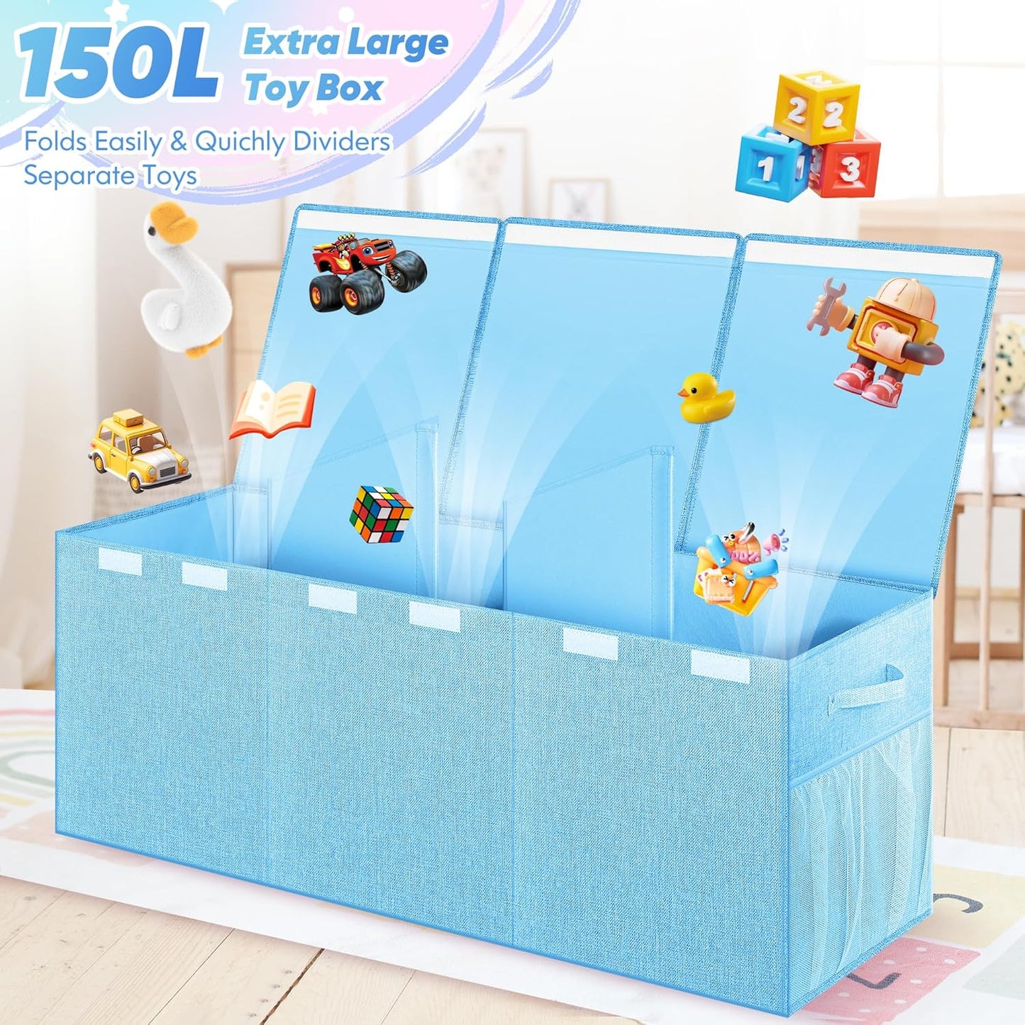 Extra Large Toy Box, Toy Box for Kids Boys Girls, Collapsible Sturdy Toy Storage Organizer with Mesh Pockets, 40"x14"x16" Kids Toy Chest Boxes Bins Baskets for Nursery, Playroom, Blue