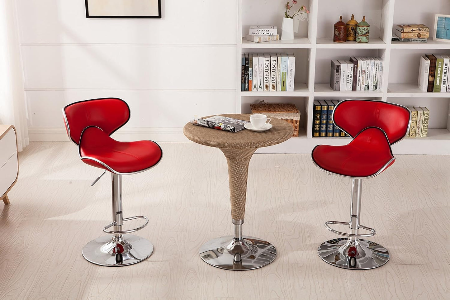 Roundhill Furniture Masaccio Cushioned Leatherette Upholstery Airlift Adjustable Swivel Barstool with Chrome Base, Set of 2, Red
