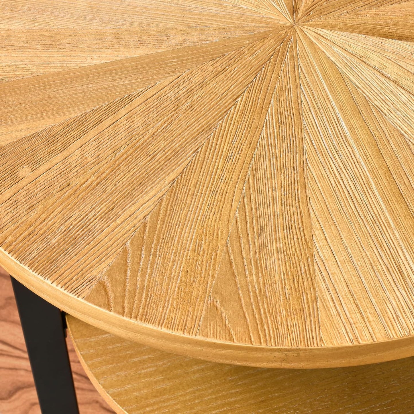 MODERION Round End Table with Storage, Solid Wood & Black Metal Frame, 19.3"L x 19.3"W x 24"H, Natural Wood & Black, 130 lbs Capacity