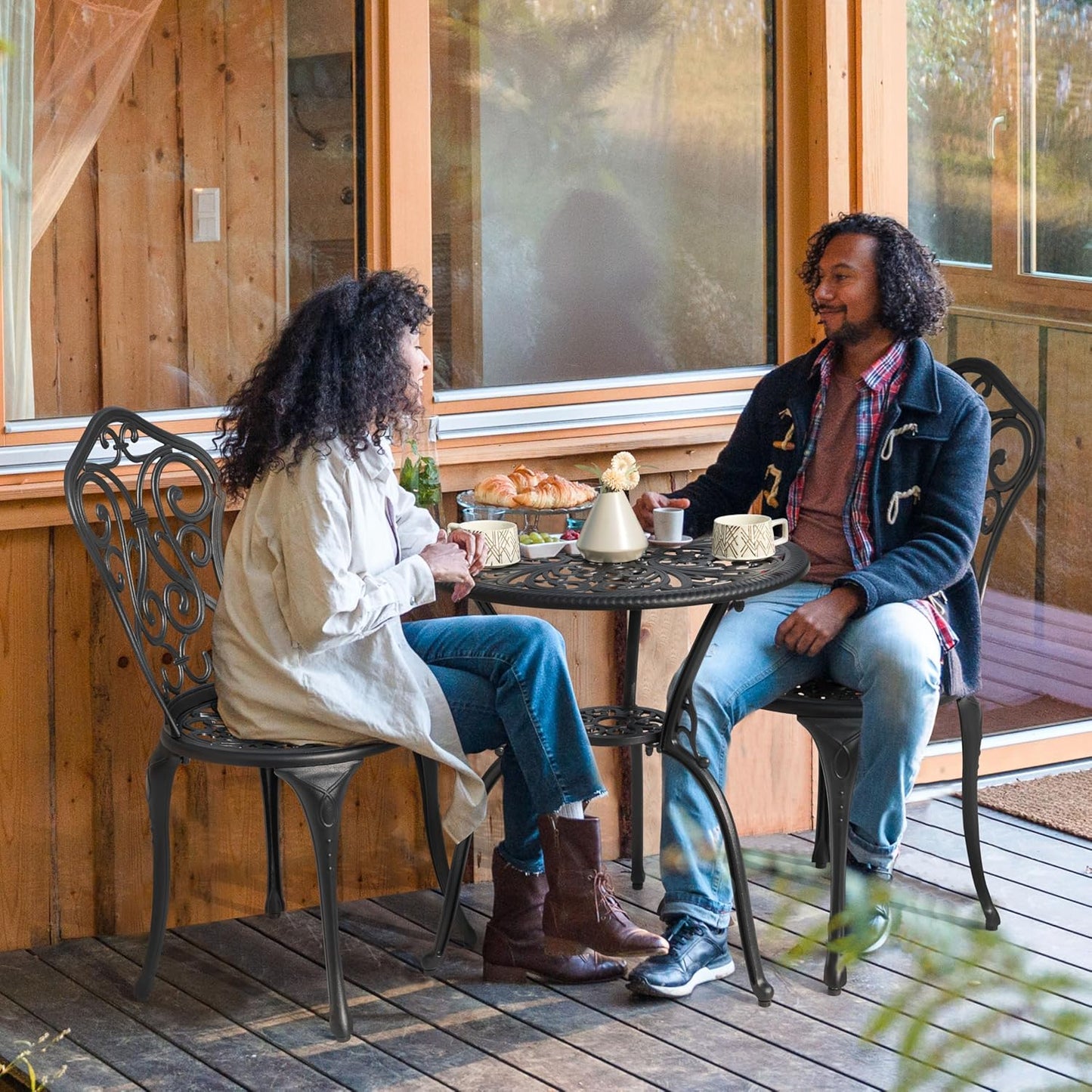 NUU GARDEN 3 Pieces Patio Bistro Set, Round Table with Umbrella Hole, Outdoor Bistro Set with 2 Chairs, All-Weather Outdoor Patio Bistro Set for Garden, Lawn, Poolside, Porch, Black