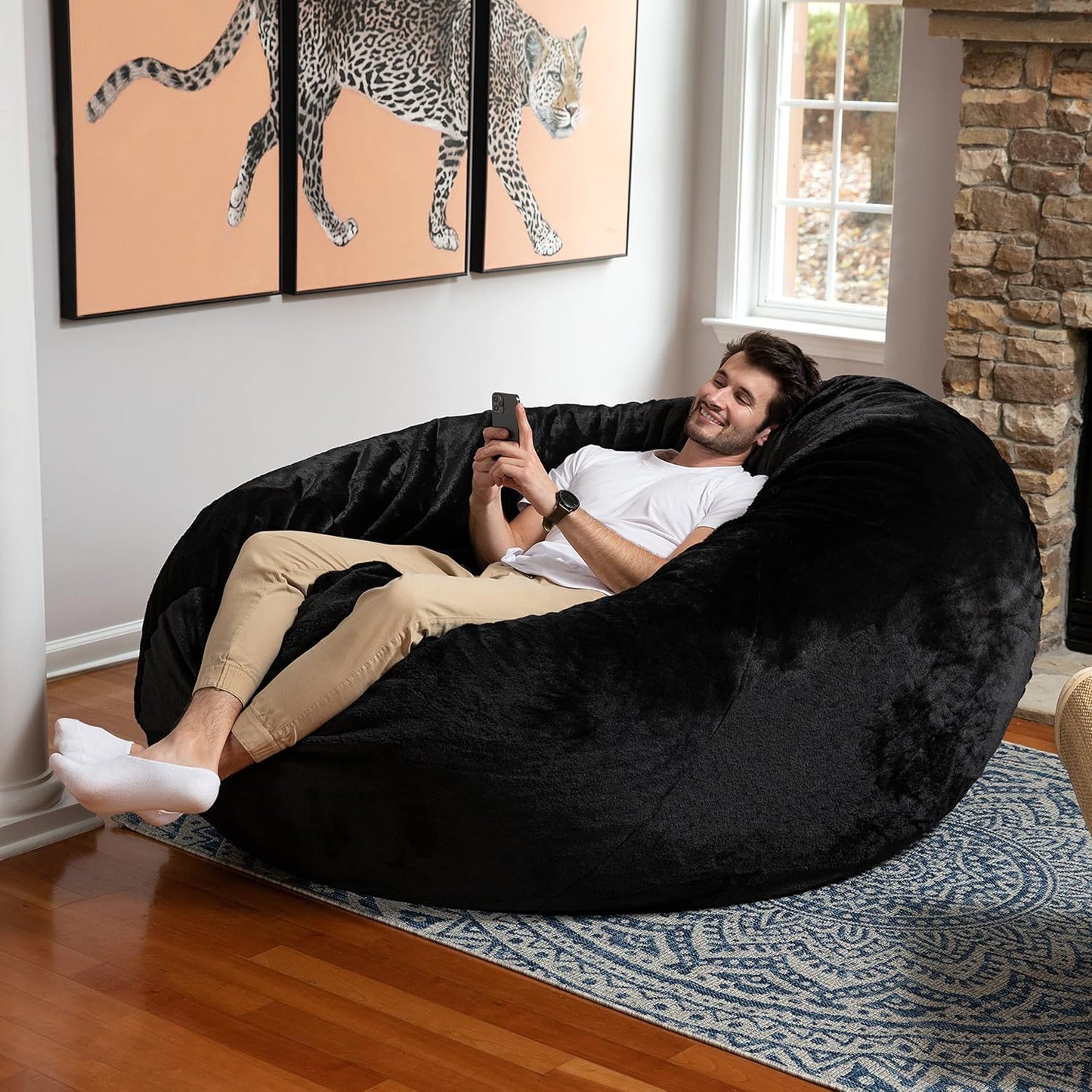 Jaxx 6 Foot Cocoon - 2-in-1 Convertible Bean Bag Bed & Large Bean Bag Chair for Adults - Premium Faux Fur, Black Rabbit