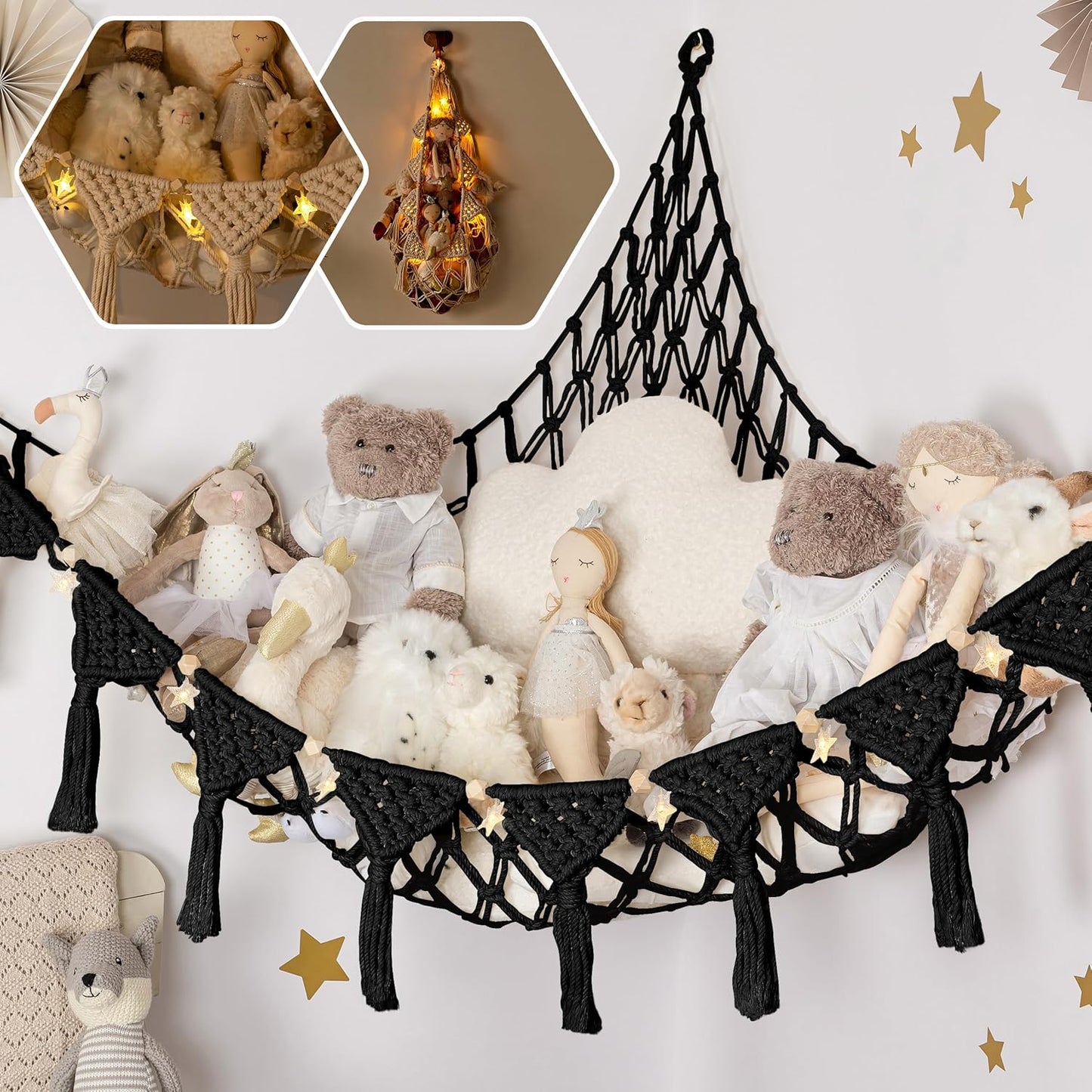 Macrame DreamLights Boho Stuffed Animal Storage Net Hammock Extra Large Plush Toy Storage Holder For Small Or Large Plushies BLACK