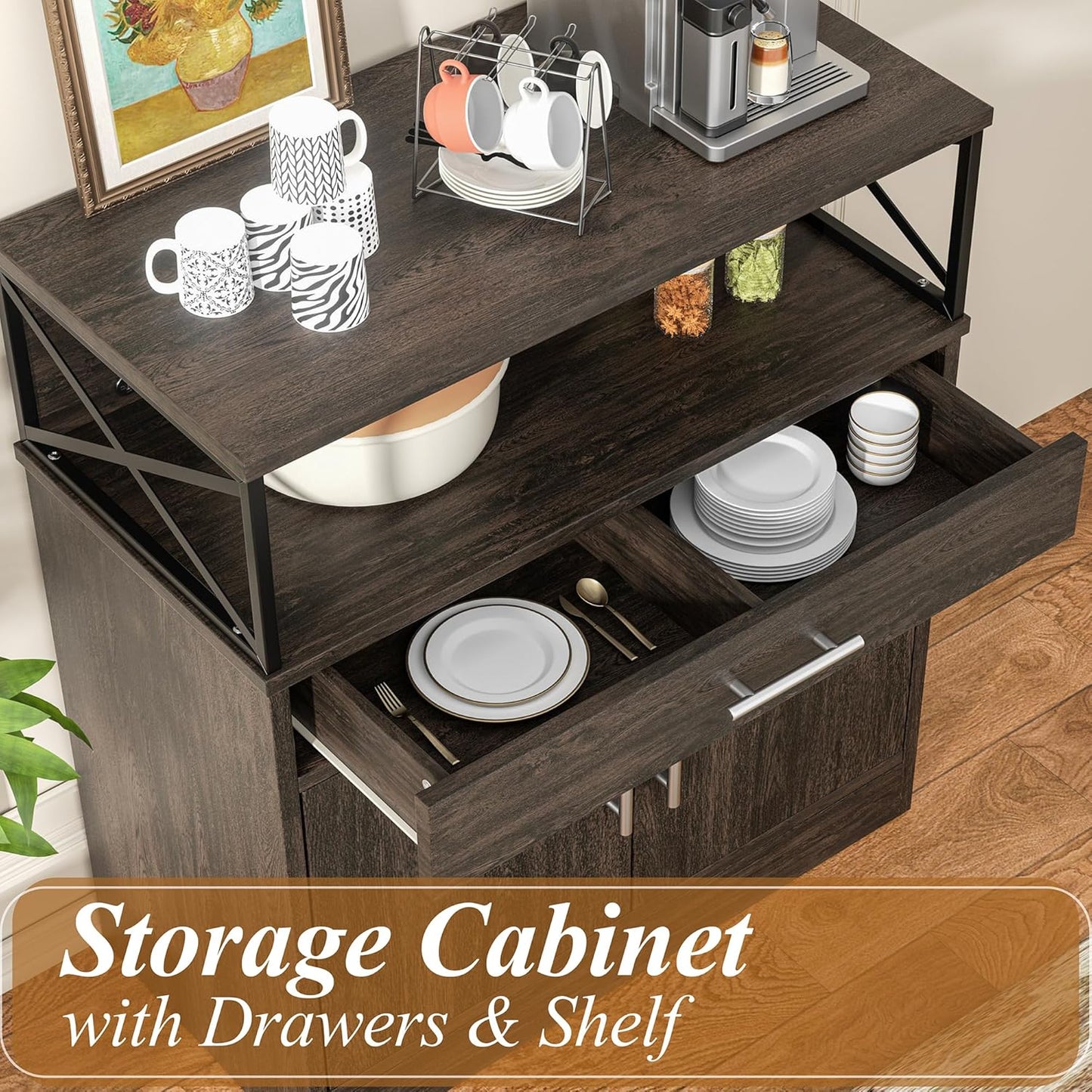 Shintenchi Kitchen Storage Cabinet with Adjustable Shelves and Drawers, Modern Buffet Sideboard, Wood Buffet Cabinet with Doors, Floor Cabinet Cupboard for Coffee Bar Living Room, Dark Brown