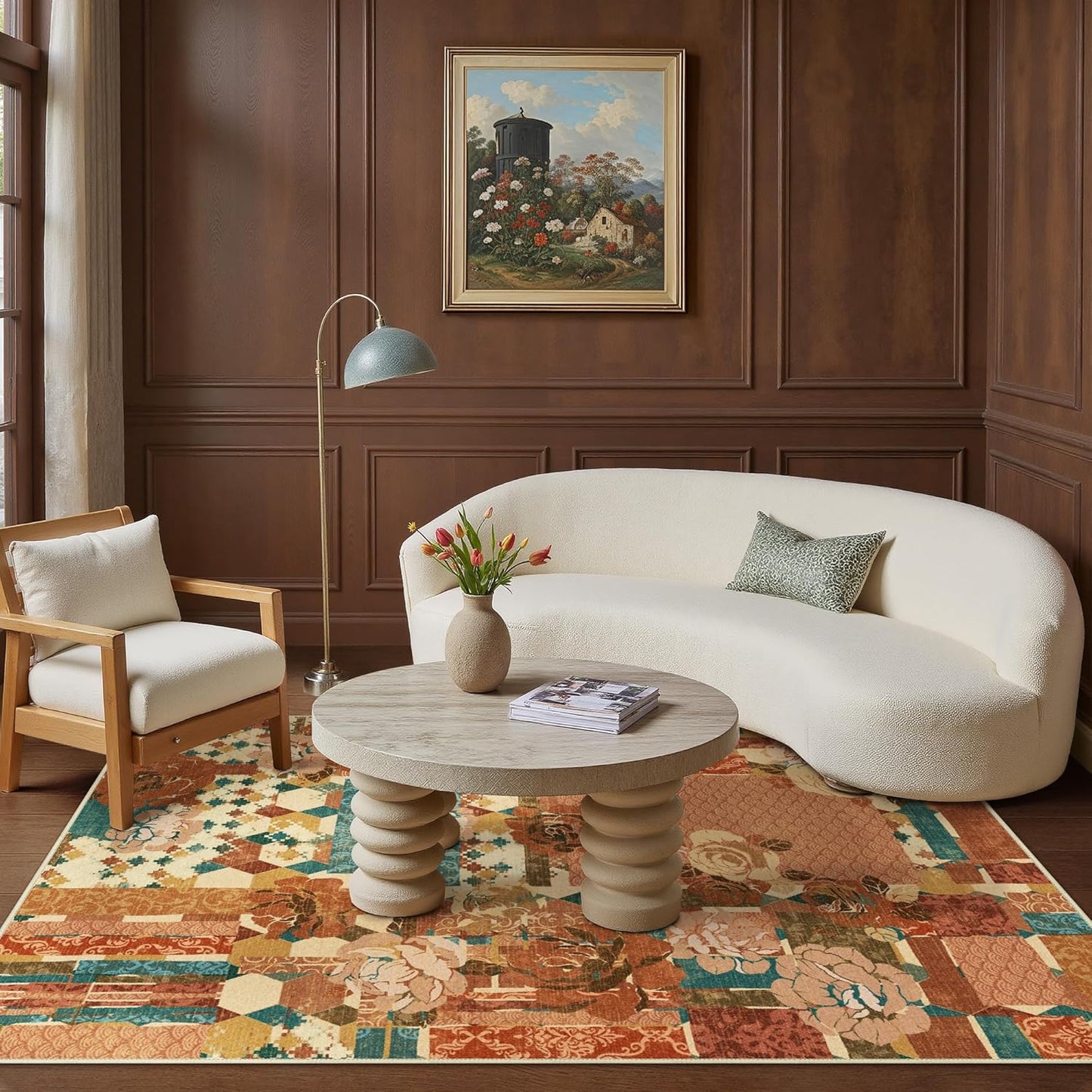 GENIMO 5X7 Floral Area Rugs for Living Room, Machine Washable Non Slip Vintage Patchwork Washable Rug, Ultra-Thin Low Pile Chenille Rugs for Bedroom, Dining Room, Rose Red