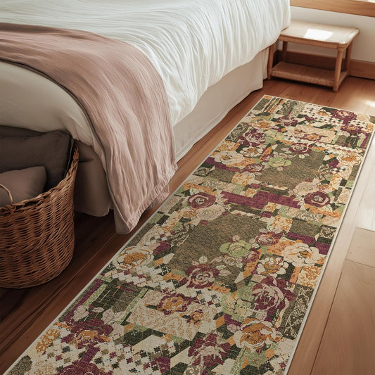GENIMO Floral Runner Rug 2X6, Machine Washable Non Slip Vintage Patchwork Hallway Runner, Ultra-Thin Low Pile Runners for Indoor Entryway, Hallway, Kitchen and Corridor, Auburn Cinnamon