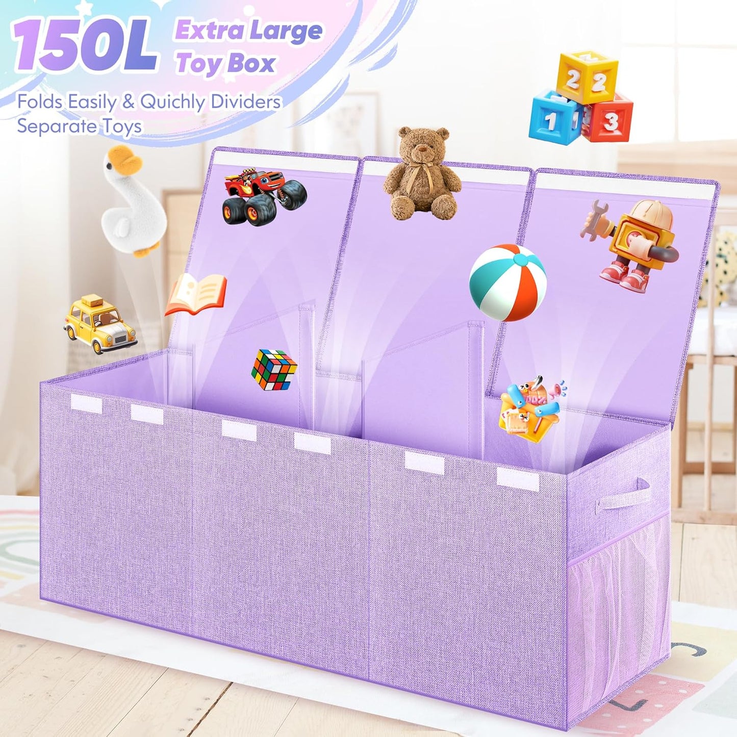 Extra Large Toy Box, Toy Chest for Kids Boys Girls, Collapsible Sturdy Storage Organizer with Mesh Pockets, 40"x14"x16" Kids Box Bins Baskets for Nursery, Playroom, Purple