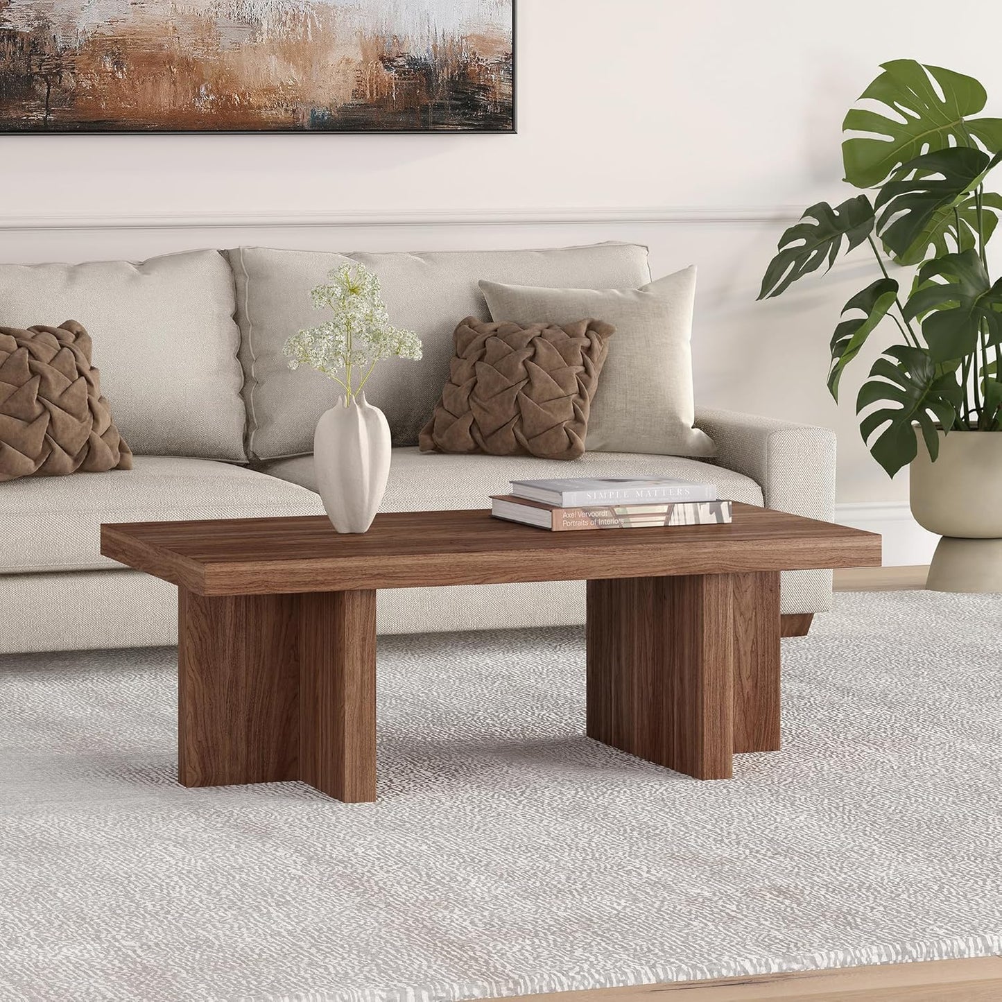 Henn&Hart 44" Rectangular Low-Profile Wood Coffee Table with Sled Base for Living Room, Family Room, or Office, Satin Walnut