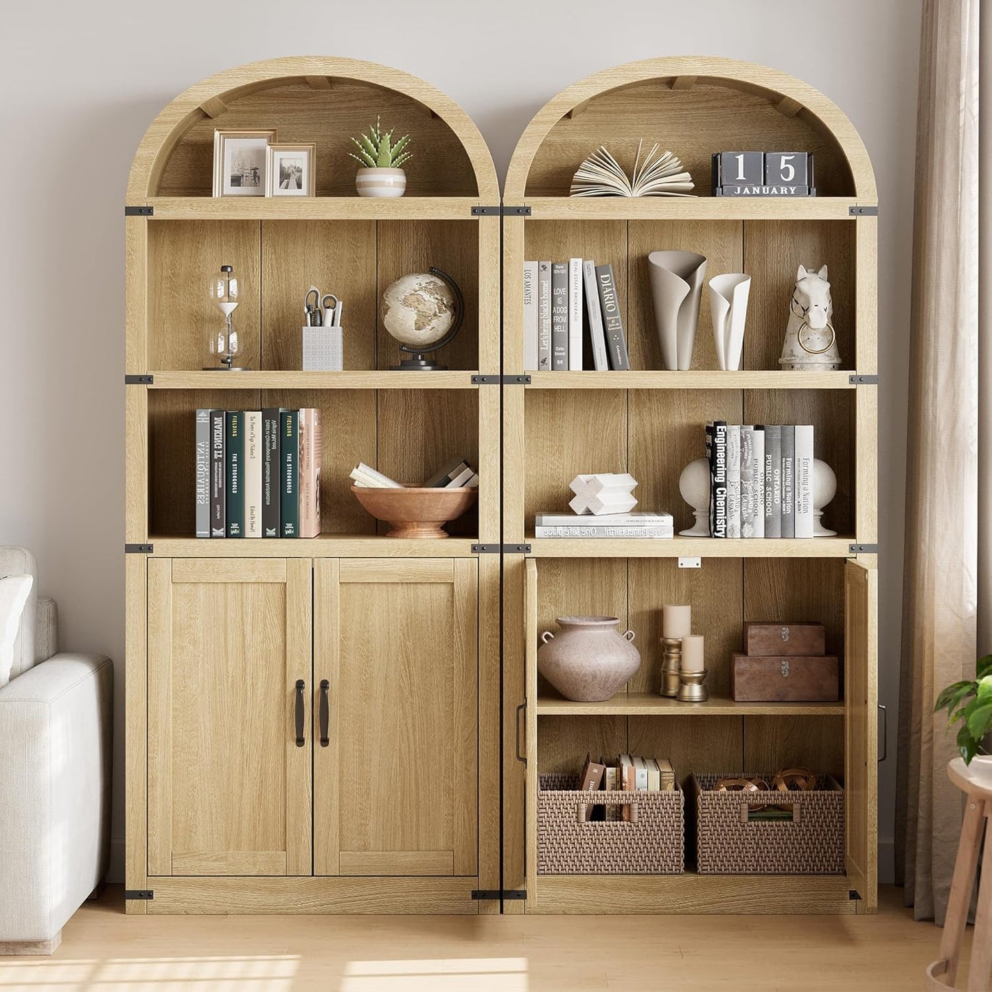 GarveeHome Bookcase with Doors Arched Bookshelf 71.65in Tall Bookcase Farmhouse Cabinet with Shelves Wooden Bookshelves for Home Office, Living Room (Light Oak)