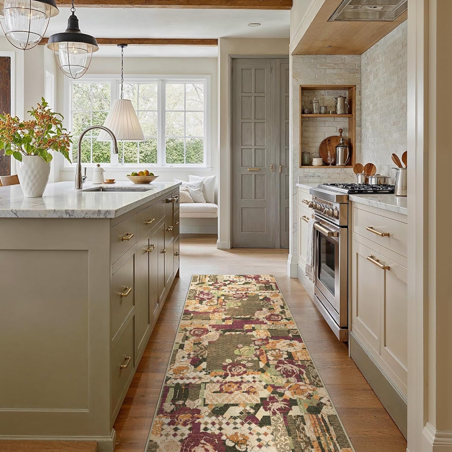 GENIMO Floral Runner Rug 2'6''x8, Machine Washable Non Slip Vintage Patchwork Hallway Runner, Ultra-Thin Low Pile Runners for Indoor Entryway, Hallway, Kitchen and Corridor, Auburn Cinnamon