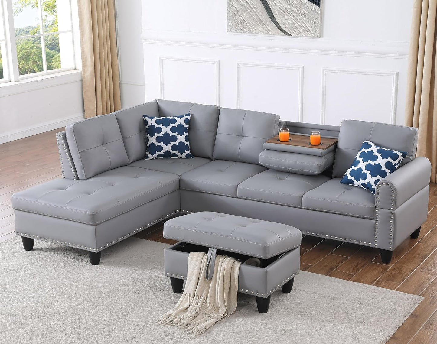 Ball & Cast 98" L Shaped Sectional Couch for Living Room with Storage Ottoman&Nailhead Trim,4 Seat Faux Leather Upholstered Modular Sectional Sofa Set 3 PCS W/Chaise&Cup Holders,for Home,Office,Gray