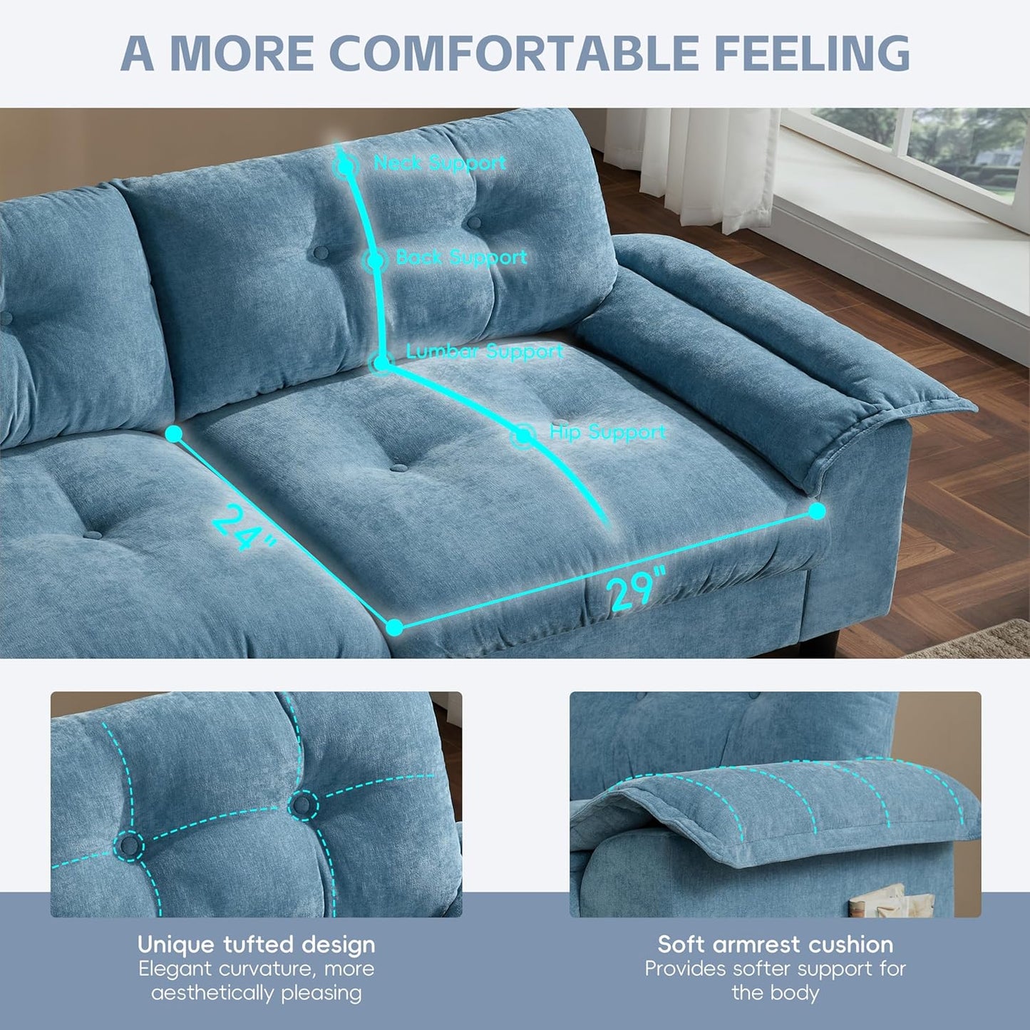 Mreax L-Shape Sectional Sofa with Movable Storage Ottoman and Multifunctional Armrest, 4 Seater Oversized Chenille Upholstered Cloud Couch for Living Room, Apartment, Unique Tufted Design, Light Blue