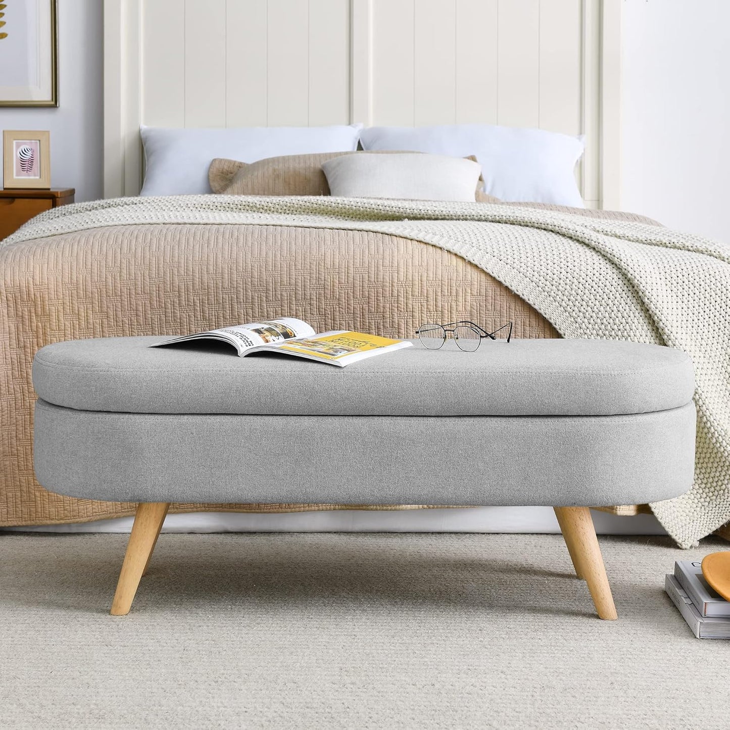 Ottoman Oval Storage Bench with Rubber Wood Legs,Linen Fabric Storage Footstool,for Bedroom, Entryway, Living Room, Grey(43.5"x16"x16")