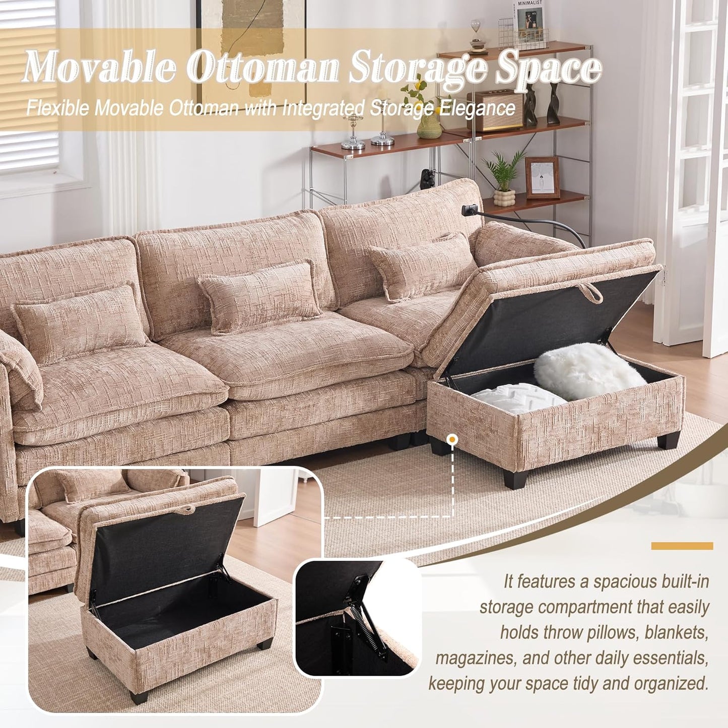 Ball & Cast Modular Sectional Sofa,L Shaped Couch with Movable Storage Ottoman,Chenille Upholstered Sofa W/USB Charging Port,Phone Holder and Side Pocket,for Living Room,Apartment,Khaki,109"