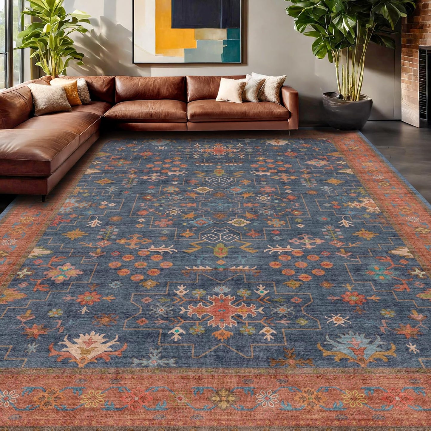 Boho Navy Blue 10x14 Area Rug for Living Room, Extra Large Dining Room Rugs for Under Table, Soft Low Pile Carpet for Bedroom - Vintage Floral Rug, Non-Slip & Stain Resistance (10x14 Navy Blue)