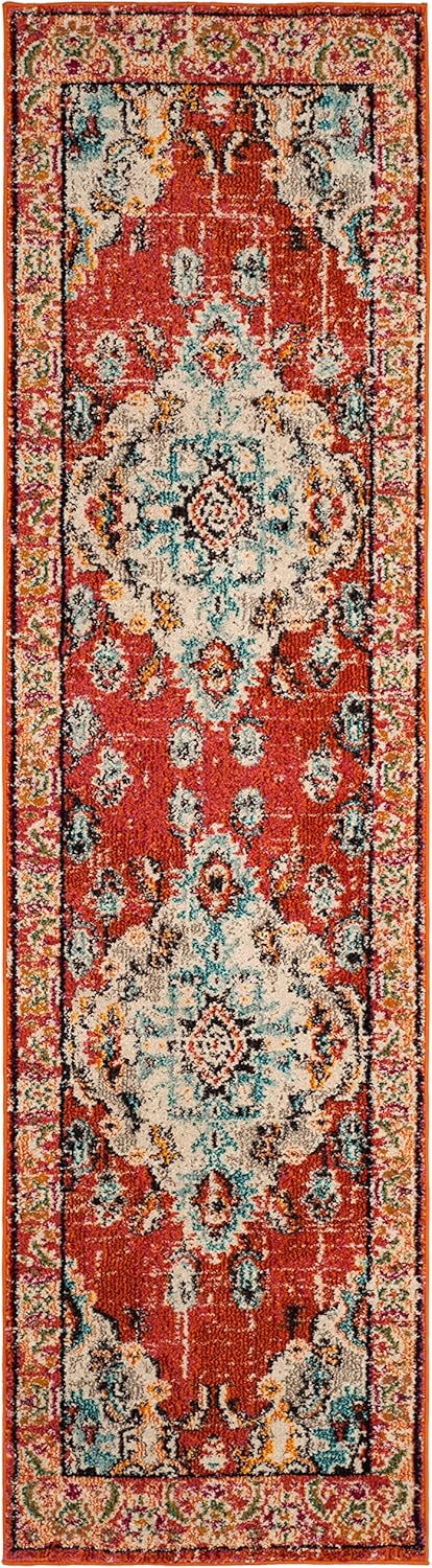 SAFAVIEH Monaco Collection Runner Rug - 2'2" x 22', Orange & Light Blue, Boho Chic Medallion Distressed Design, Non-Shedding & Easy Care, Ideal for High Traffic Areas in Living Room, Bedroom (MNC243H)