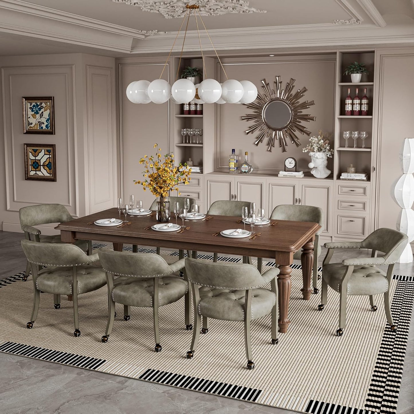 LEEMTORIG Large Dining Chairs with Casters and Arms, Rolling Dining Chairs with Wheels, Solid Wood Boss Caption's Chairs Office Desk Chairs, 26" D x25.2 W x 31.5" H, Soft Light Grey PU SY-1318-UA