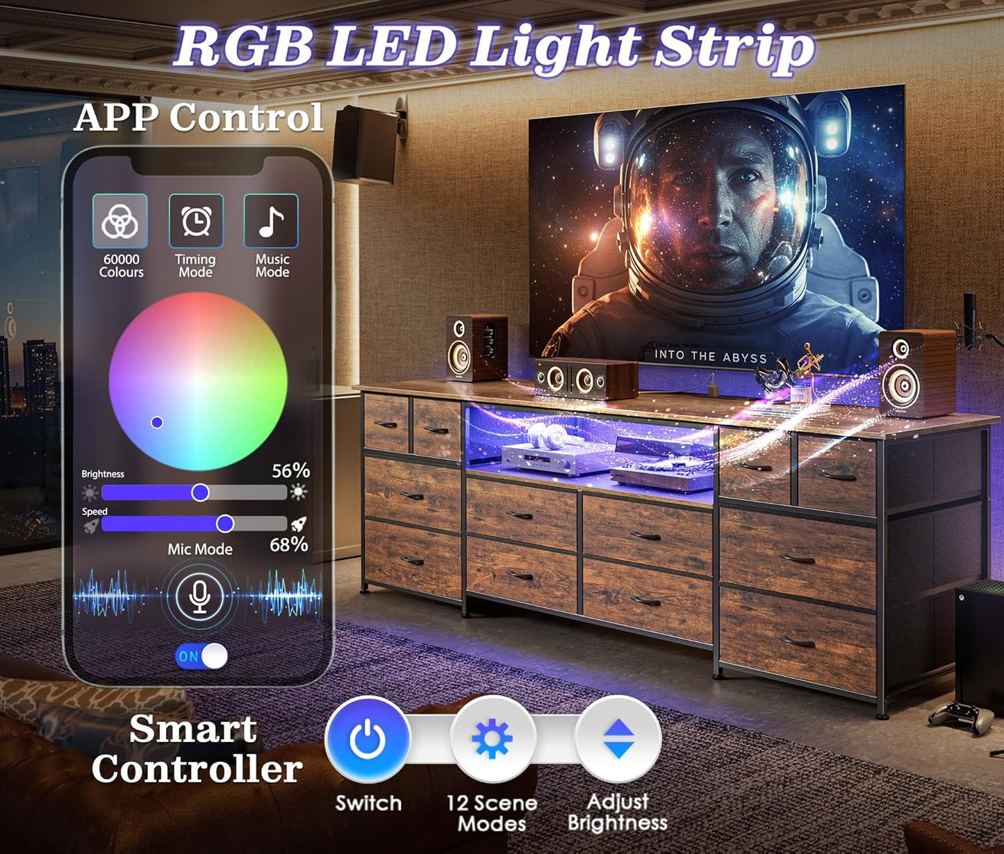 Huuger 63 Inch Dresser TV Stand with LED Lights, Power Outlets and USB-C Port, 12 Fabric Drawer Dresser for Bedroom, Entertainment Center for 65, 70 Inch TV, Media Console, Open Shelf, Rustic Brown