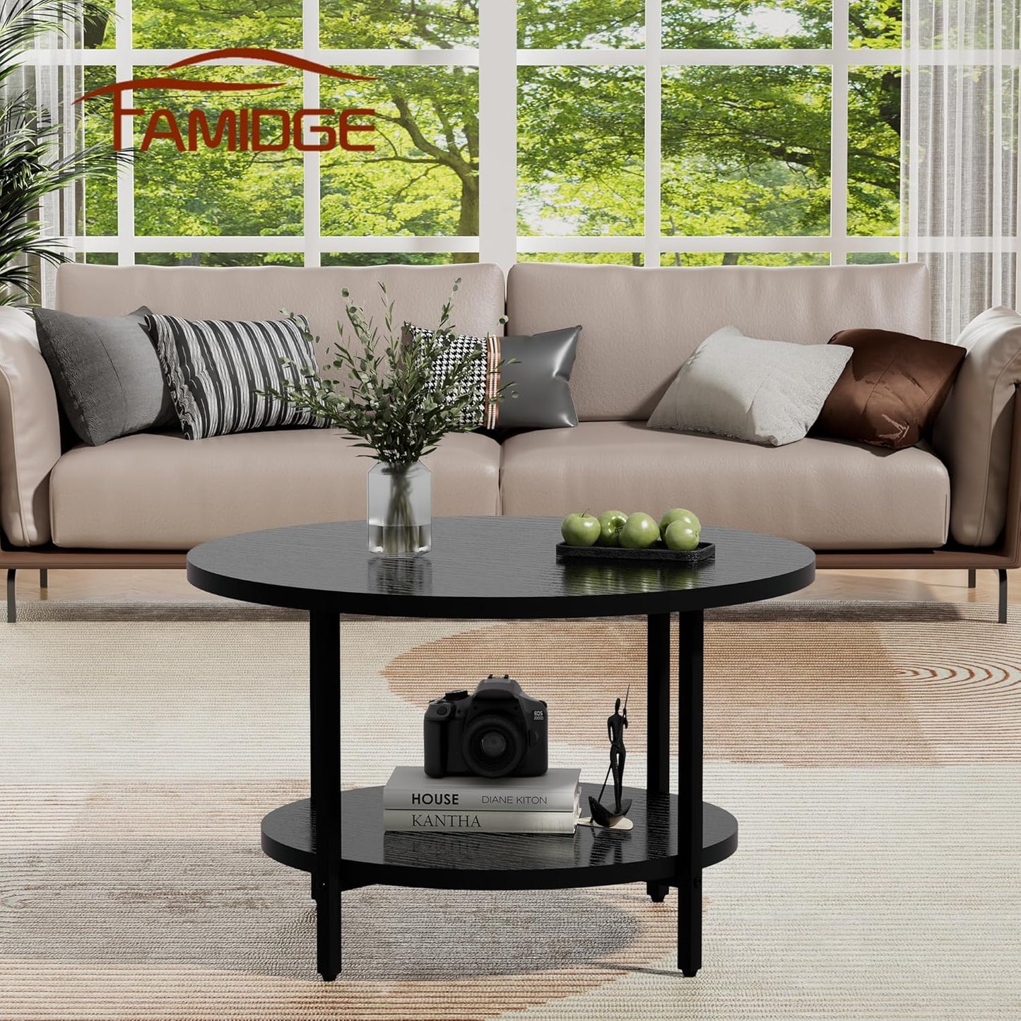 Coffee Table, 2 Tier Coffee Tables for Living Room, Round Coffee Table with Storage, Floor Table for Bedroom, Home Office, Black (27.6" D x 17.7" H)